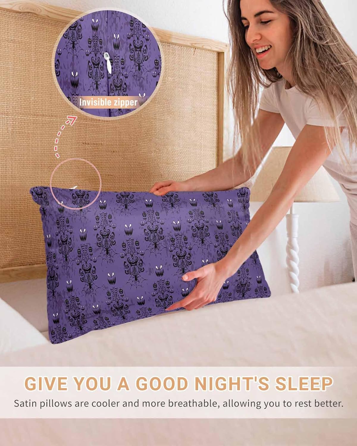 Satin Pillowcase for Hair and Skin, Halloween Haunted Ghost House Mansion Spider Silky Pillow Cases King Size with Zipper 2 Pack Soft Cooling Pillow Cover for Women Men, 20''x36''