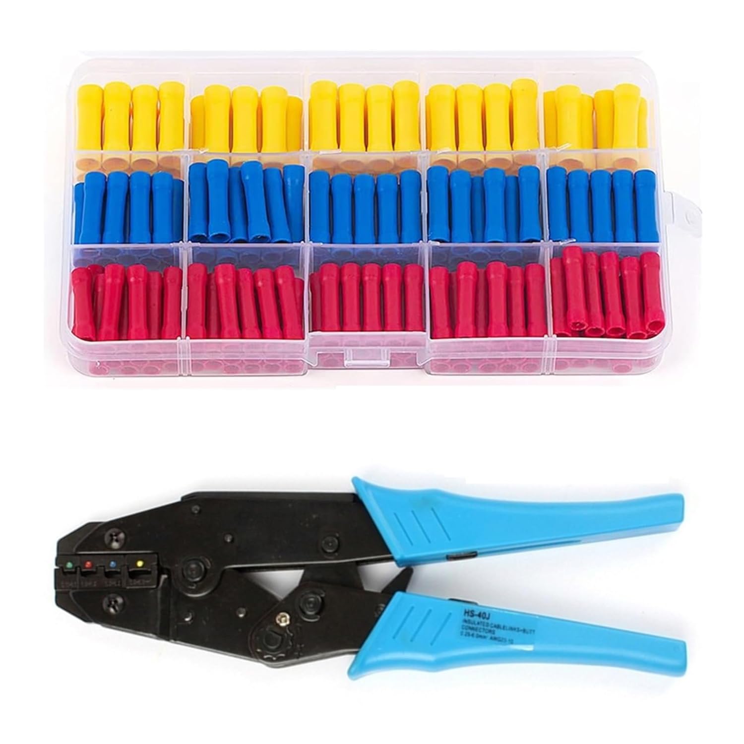 200 PCS Straight Butt Connector Insulated Wire and Cable Crimp Terminal BV1.25 BV2.5 BV5.5 Connector Kit or HS-40J Pliers(200PCS HS-40J Plier)