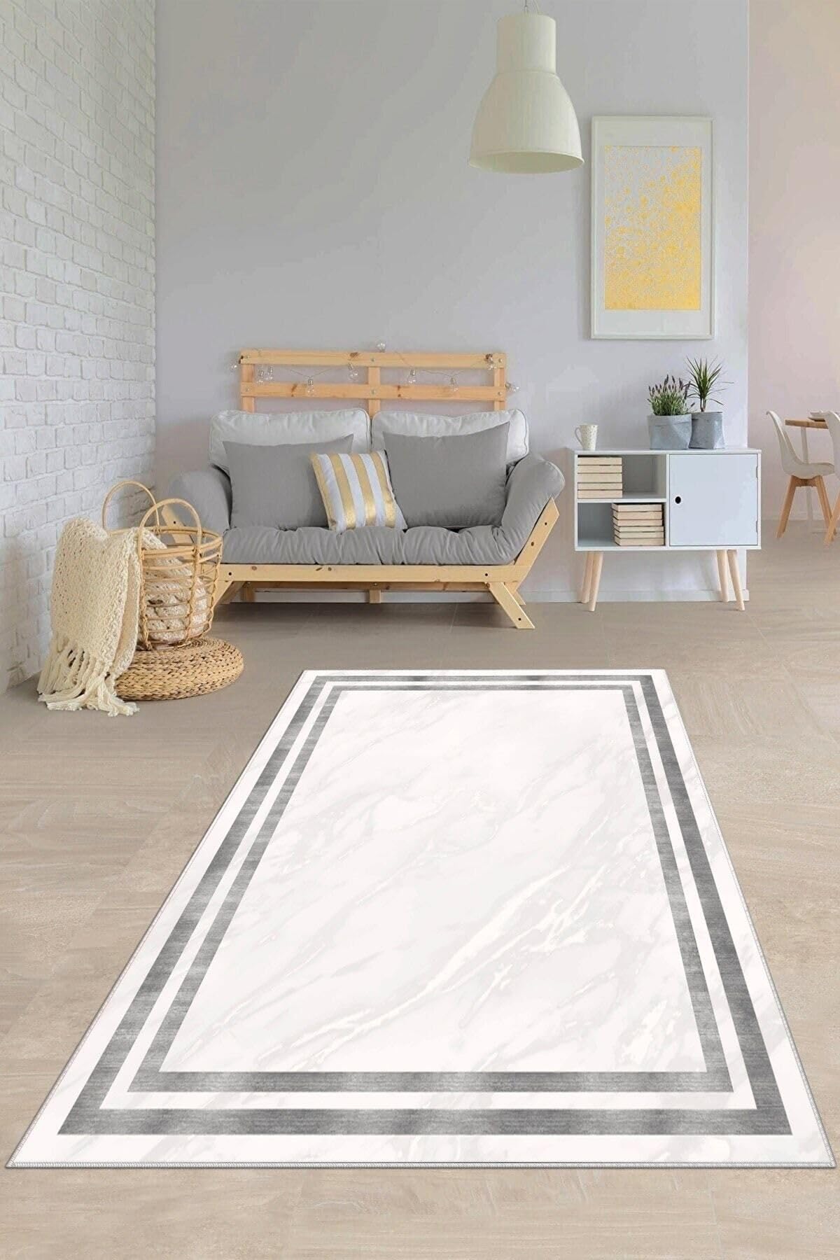 Pelangi Beyaz Zemin Mermer Desenli Yıkanabilir Kaymaz Taban Leke Tutmaz Modern Salon Halısı Ve Yolluk, Beyaz-Gri 160 x 230, 74571203160230728
