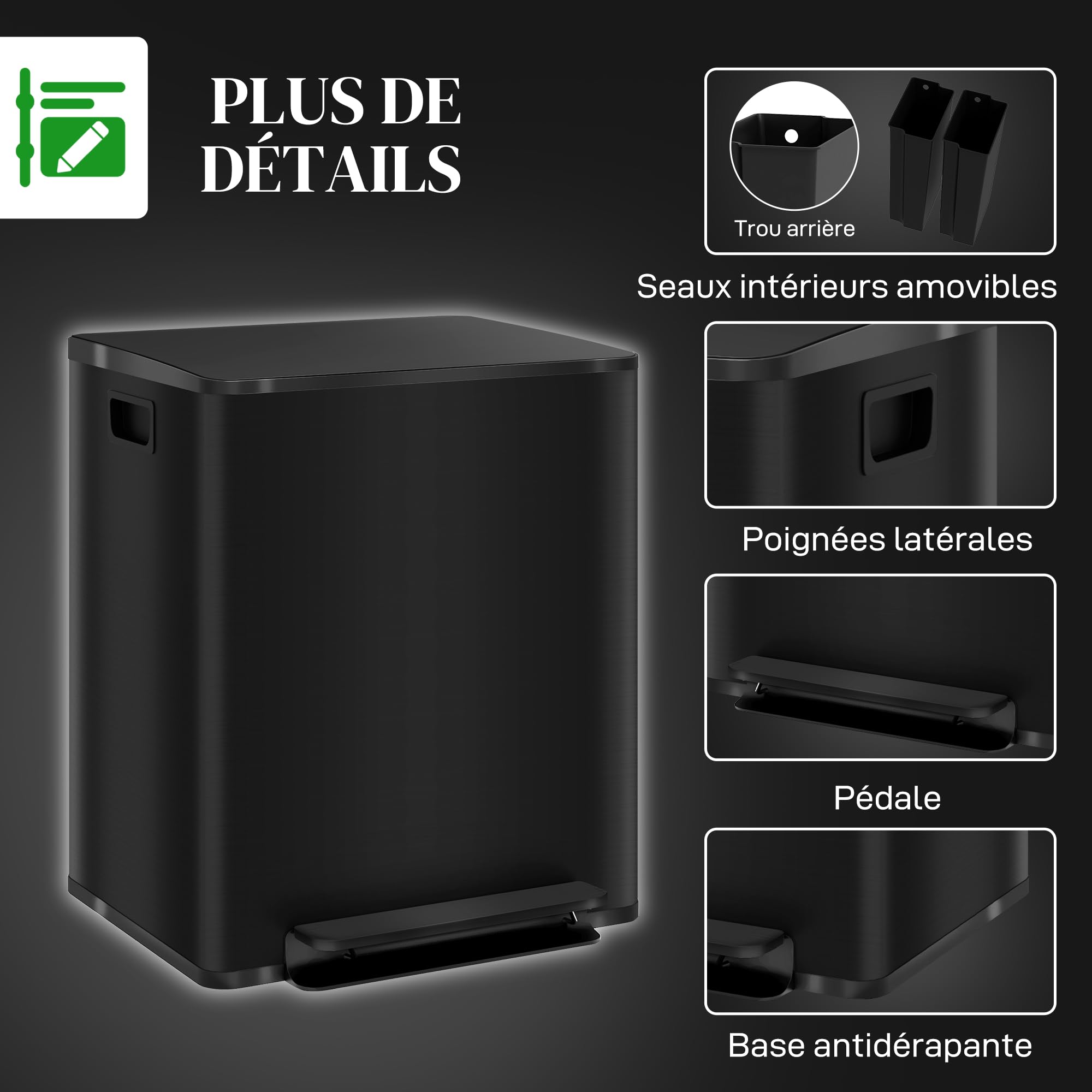 HOMCOM Poubelle à Double Compartiment 2x25L Acier Inoxydable Noir Mat | Poubelle de Cuisine à Pédale, Tri Sélectif, Seaux Intérieurs, Couvercle à Fermeture Douce, Maintien en Ouverture, Poignées