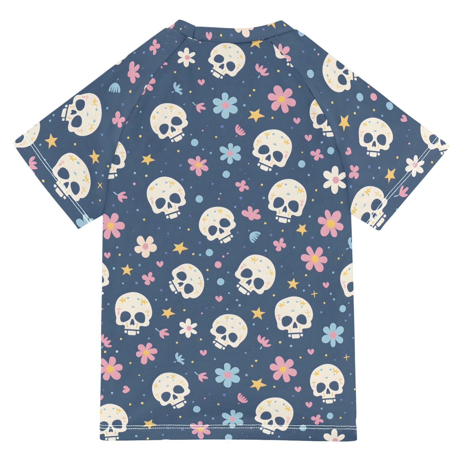 ALAZA Boys Swim Shirts Toddler Rash Guard Short Sleeve Rashguard Skull Flower Cute UPF 50+ 11-12T
