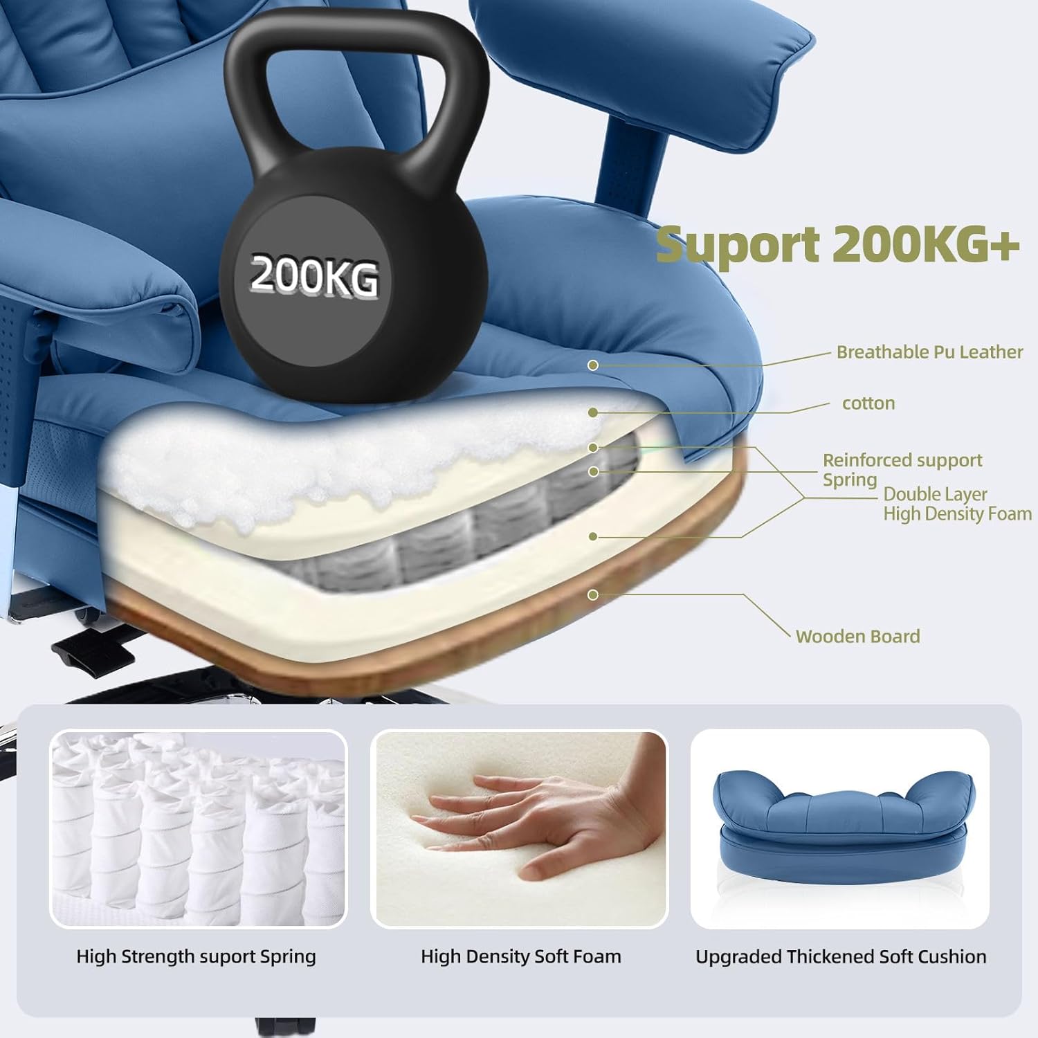 Efomao Big and Tall Office Chair with Footrest – High Back Computer Chair with Adjustable Armrests，Executive Office Chair with Wide Seat, Modern Desk Chair for Home Office, Gaming, or Study, Blue - Image 2