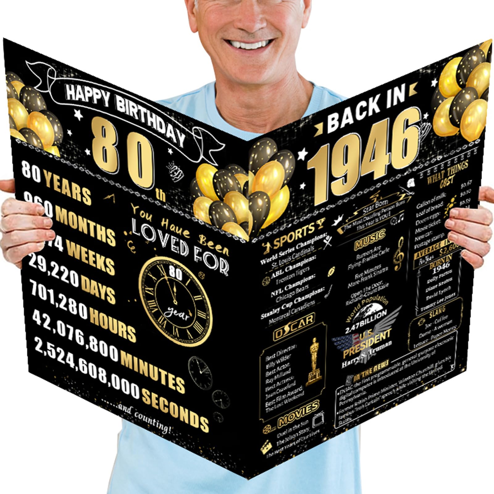 FOBELEC 80th Jumbo Birthday Card with Envelope, Black Gold Retro Birthday Decorations for Women and Men, 80 Year Old Funny Birthday Gifts for Grandma and Grandpa, Back in 1946 — image 1