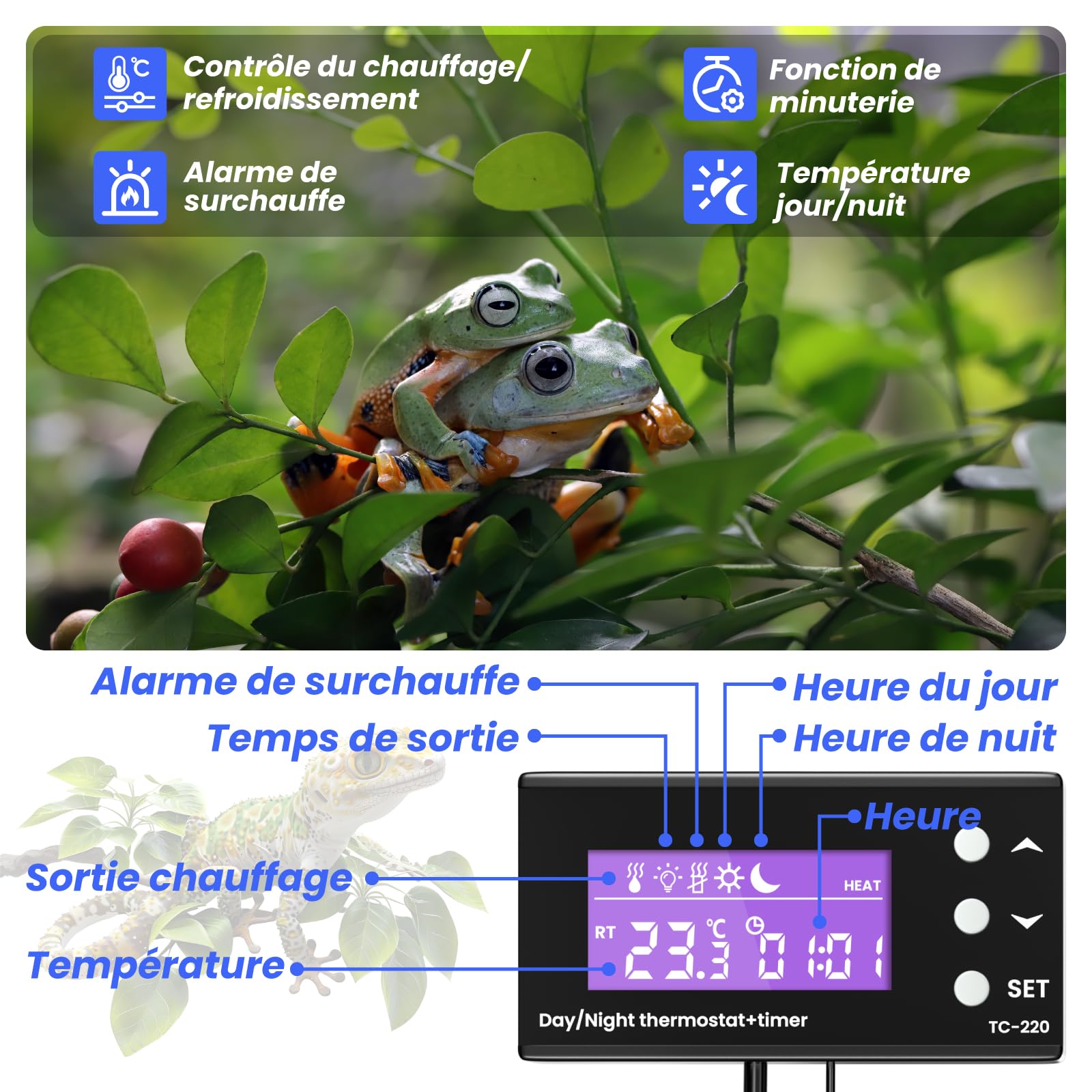 GlowUp Prise Thermostat avec Sonde, 220V Thermostat Terrarium Reptile Contrôleur de Température de Chauffage/Refroidissement avec Minuterie pour Serre, Reptiles, Aquarium, Incubateur, etc
