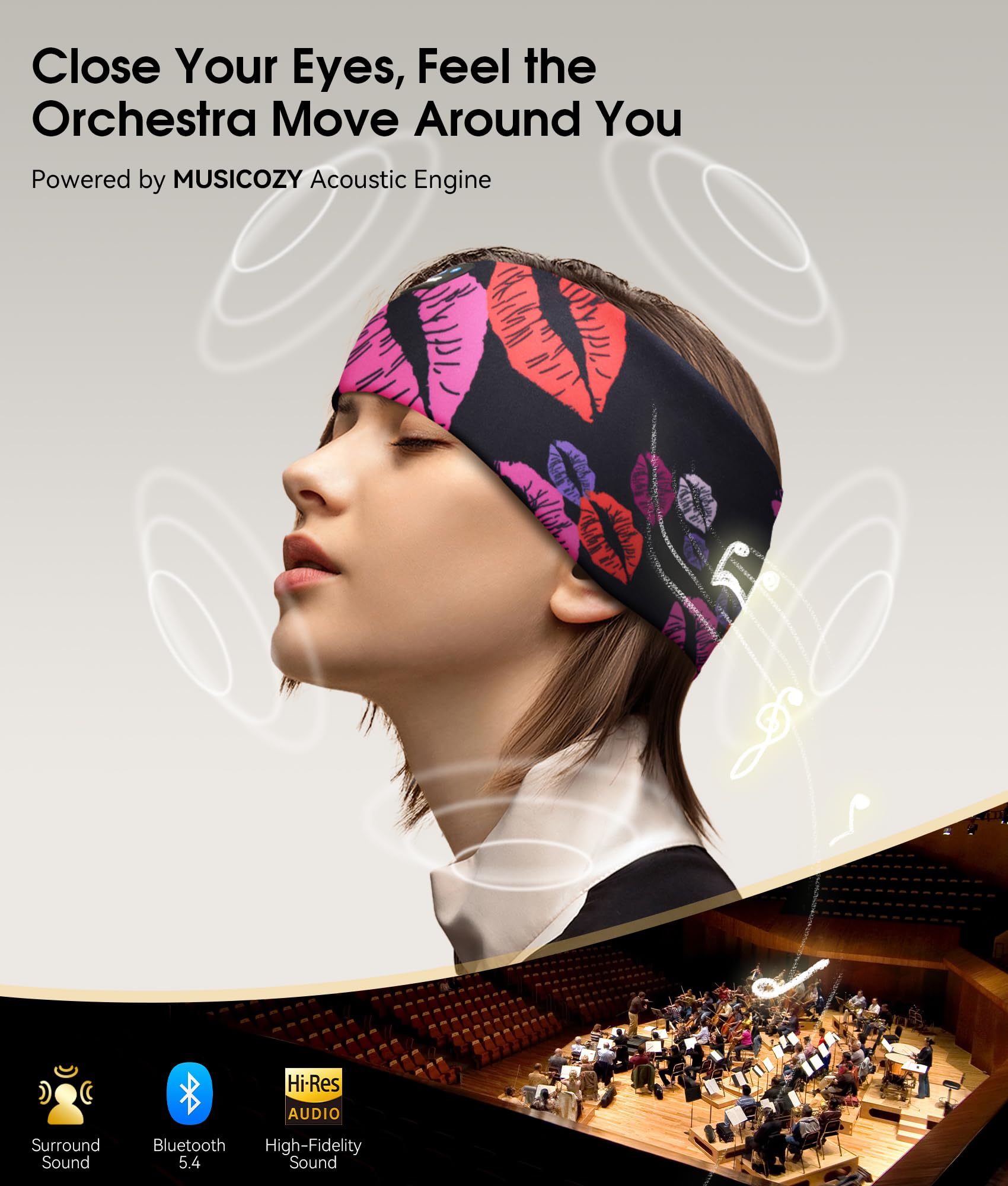 MUSICOZY Sleep Headphones Bluetooth 5.4 Headband, Wireless Earphones Music Sleep Earbuds Sleeping Eye Mask with HD Stereo Speakers for Workout Running Travel Yoga, Ideal Gifts (Rainbow Lip)