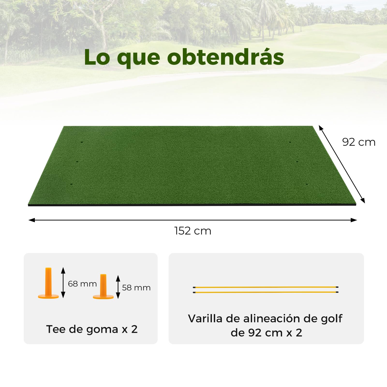 COSTWAY Tapete de Golf 1,5x0,9m, Alfombrilla de Césped Sintético 3 en 1, 2 Tees/2 Palos de Alineación/6uds, Alfombra de Práctica de Golf Uso Interno y Externo