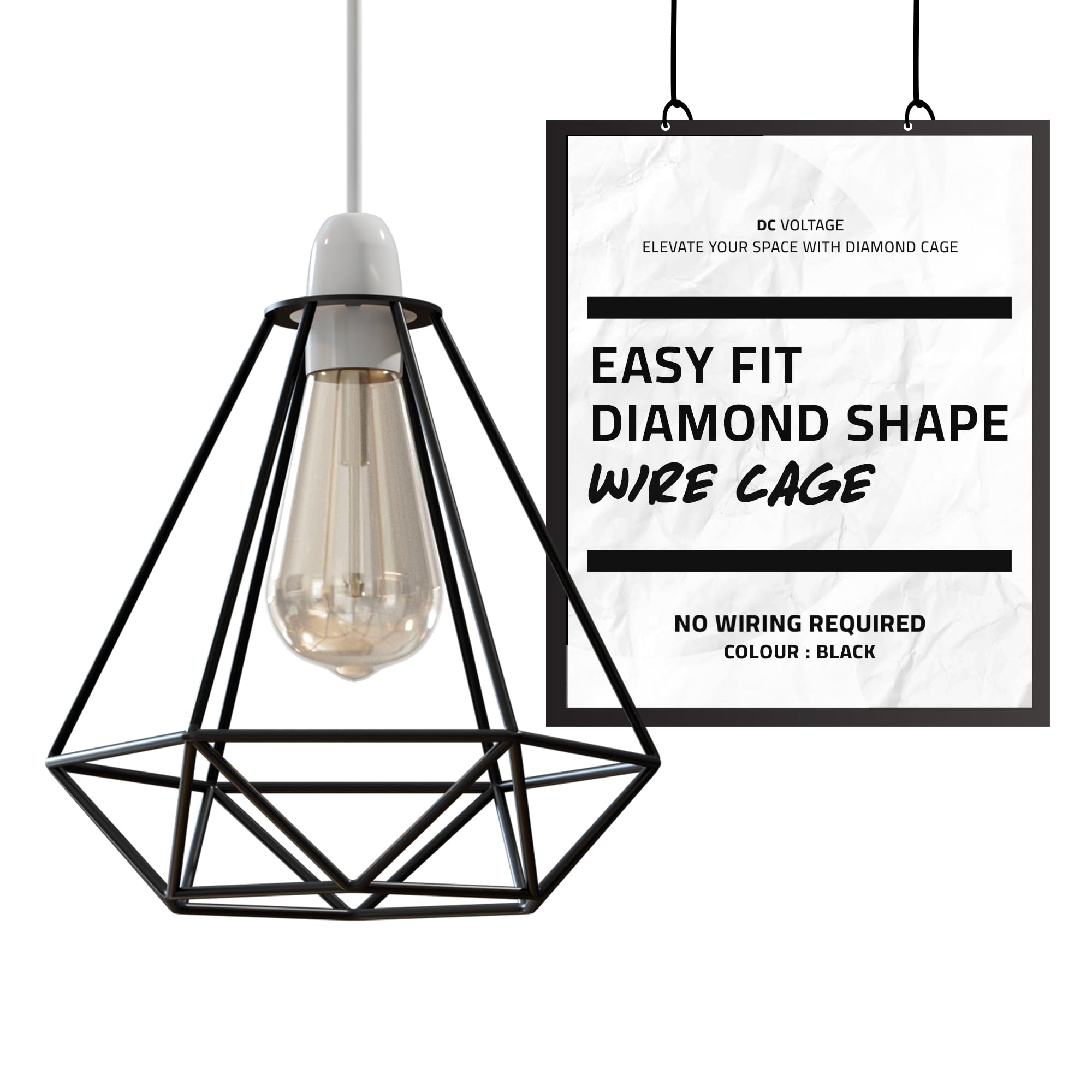Vintage Metal Lamp Shade, Retro Industrial DIY Black Diamond Cage Geometric lampshade with White Lamp Shade Reducer Ring for Pendant Lights Wall Lights