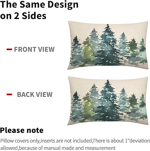 Miniatura 4 de Juego de 2 fundas de almohada lumbar con diseño de árbol azul y verde en acuarela de 12 x 20 pulgadas, fundas de almohada rectangulares con temática