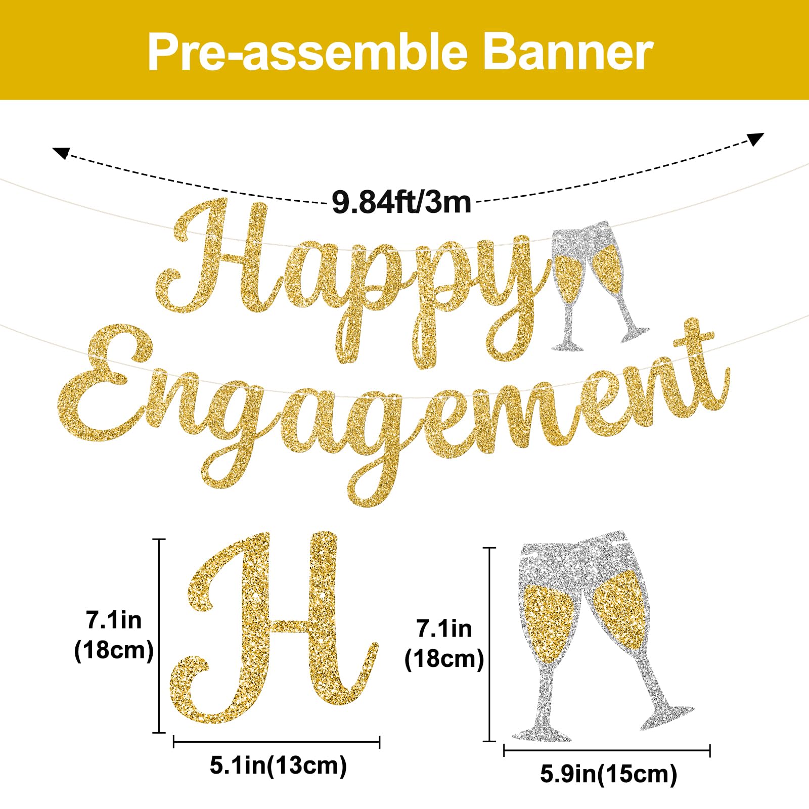 jijAcraft Pre-Strung Happy Engagement Banner: Gold Glitter Engagement Party Banner No-DIY 6M Happy Engaged Banners for Wedding Engaged Party Congratulation Proposal Decorations - Image 3