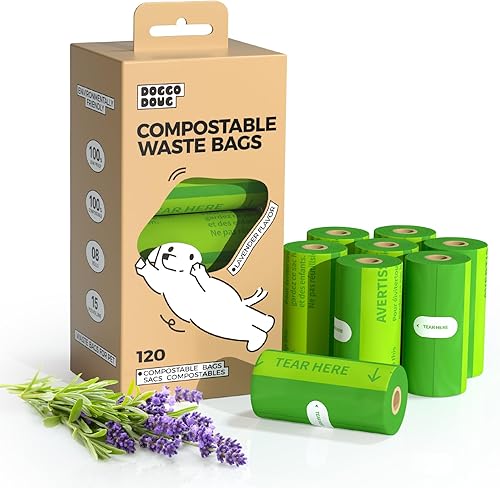 Compostable poop bags for dogs Extra 20% Thicker Biodegradable dog poop bags rolls Leak-proof,Lavender Scented Pet Waste Bags Made From Cornstarch(8 Rolls,120Bags)