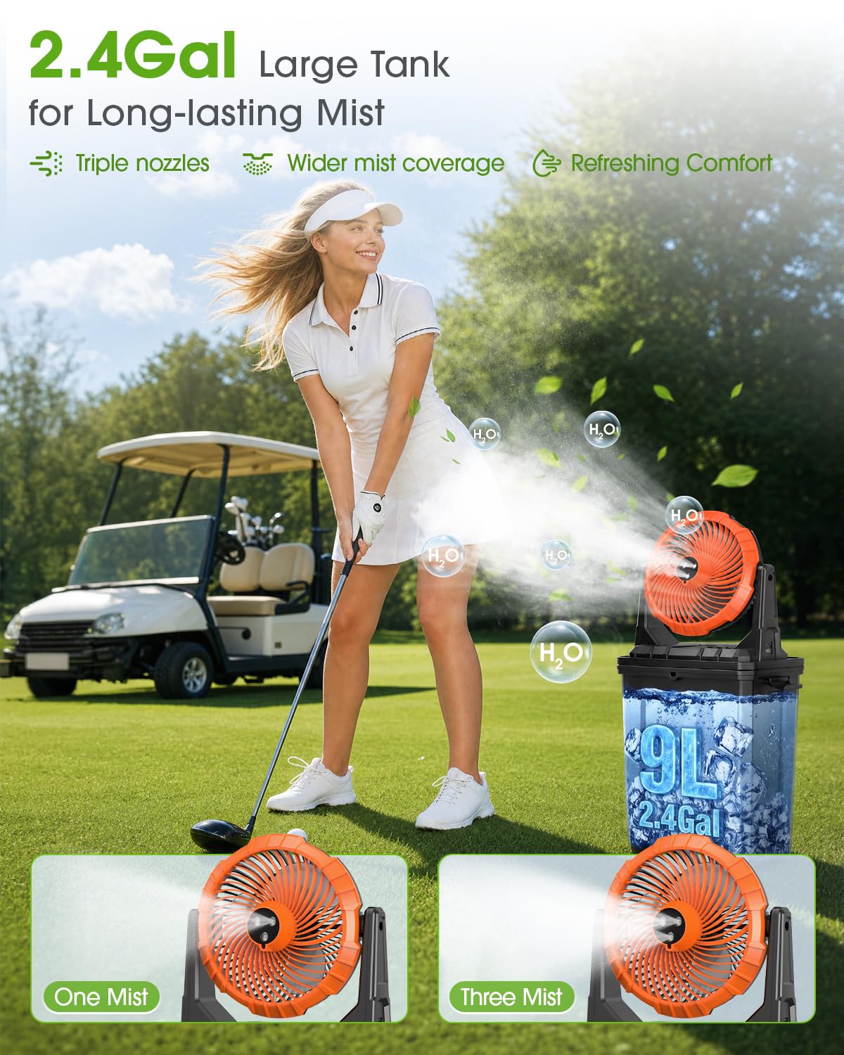 Ausic Ventilador de nebulización portátil oscilante de 10 pulgadas y 9 L mejorado con luz, [máximo 55 horas] Ventilador de carrito de golf para patios exteriores, ventilador de refrigeración de agua