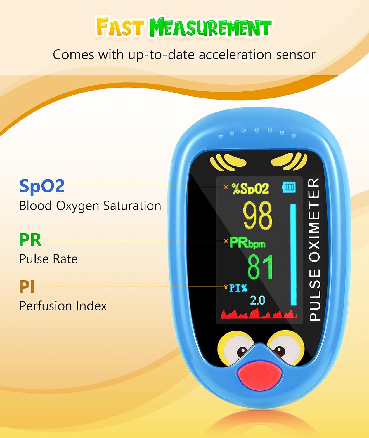 Fingertip Oximeter for Small Fingers, USB-C Rechargeable, Cute Cartoon Design, Estimated SpO2 & Pulse Reference Readings, Sports & Aviation Use Only (Blue)