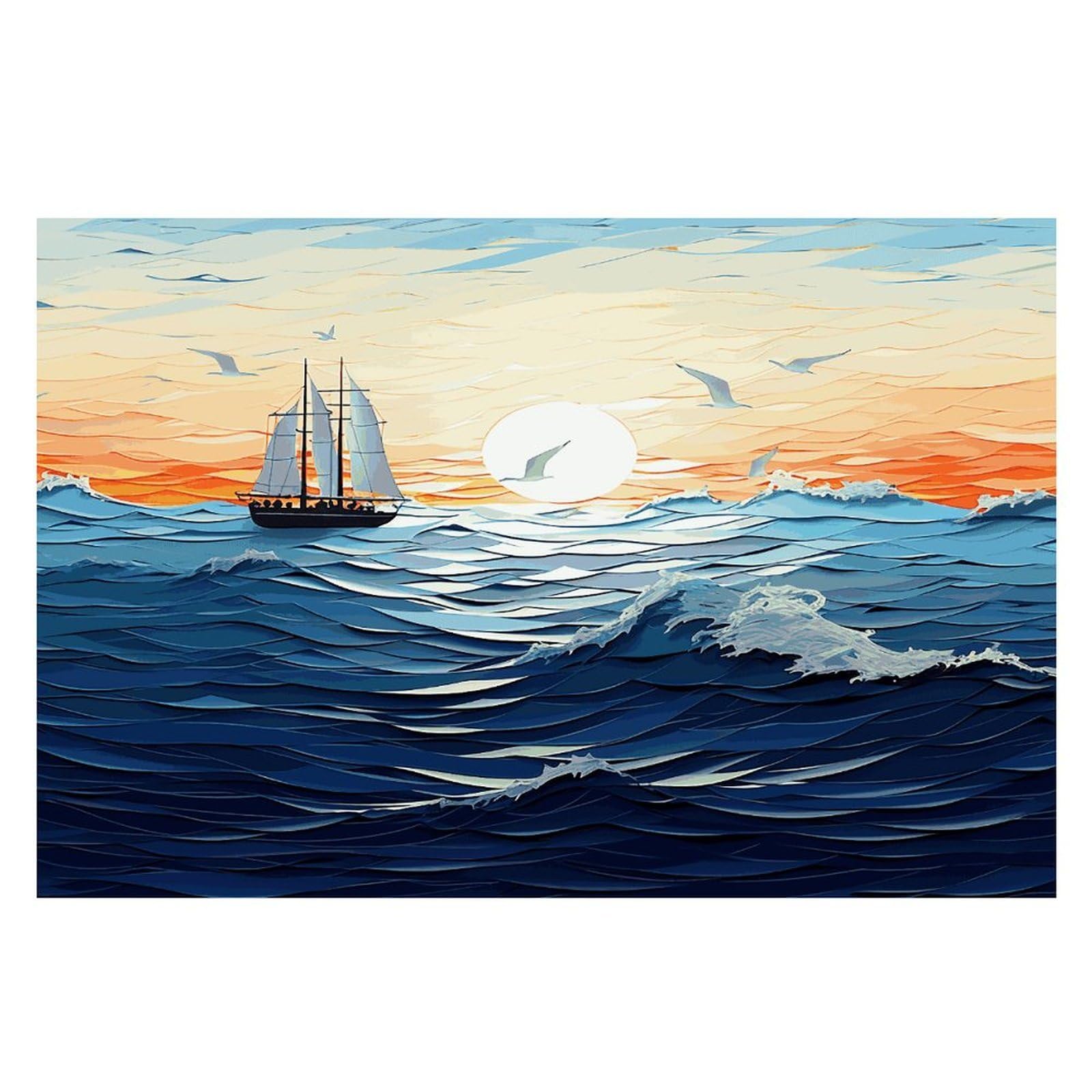 Ocean Waves Sailboat with Birds Maritime Placemats Wipeable Heat Resistant Table Mats Washable Flax Place Mats Elegant Cloth Non-Slip Placemat for Kitchen Dinning Party Table Decor 12 * 18 in