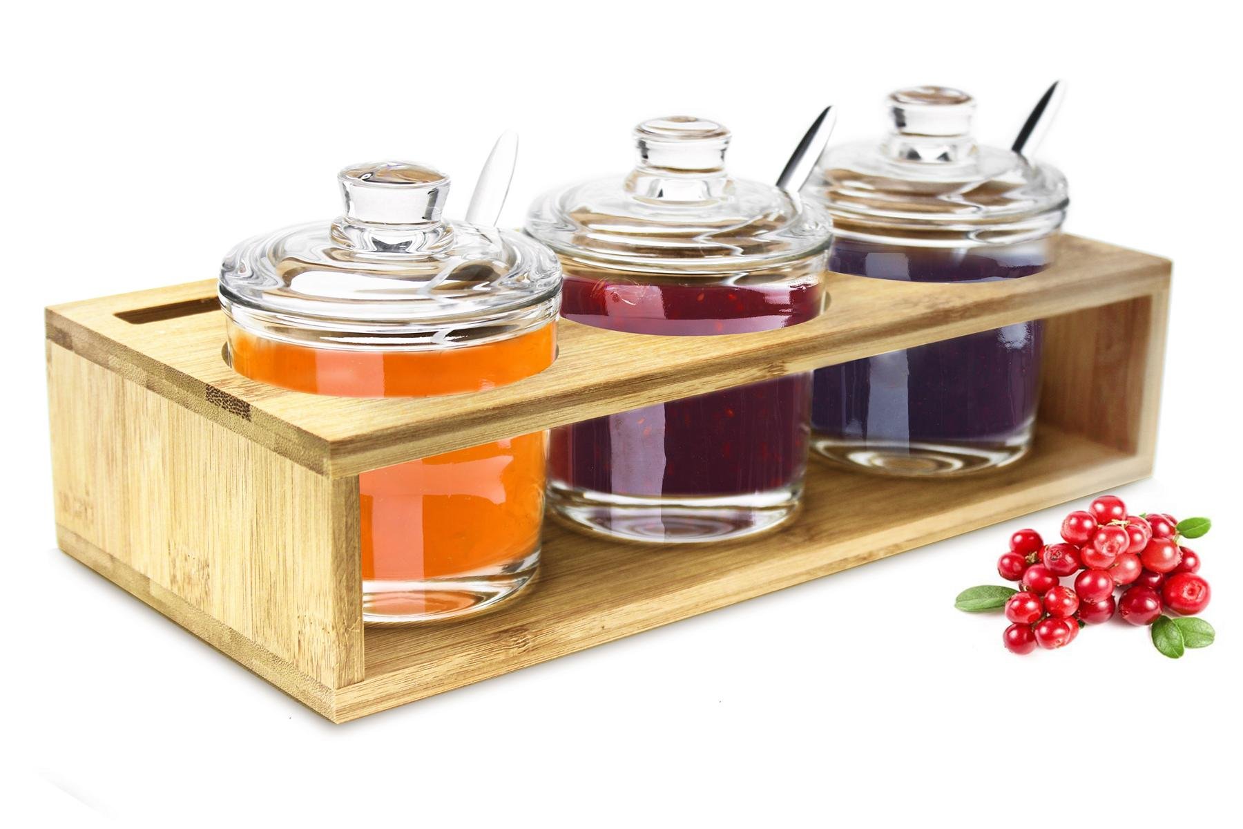 Sendez Set di 3 barattoli per spezie con struttura in legno e cucchiaio, per parmigiano, per marmellate, miele, zuccheriera, 27 x 13 x 12 cm, 10 pezzi