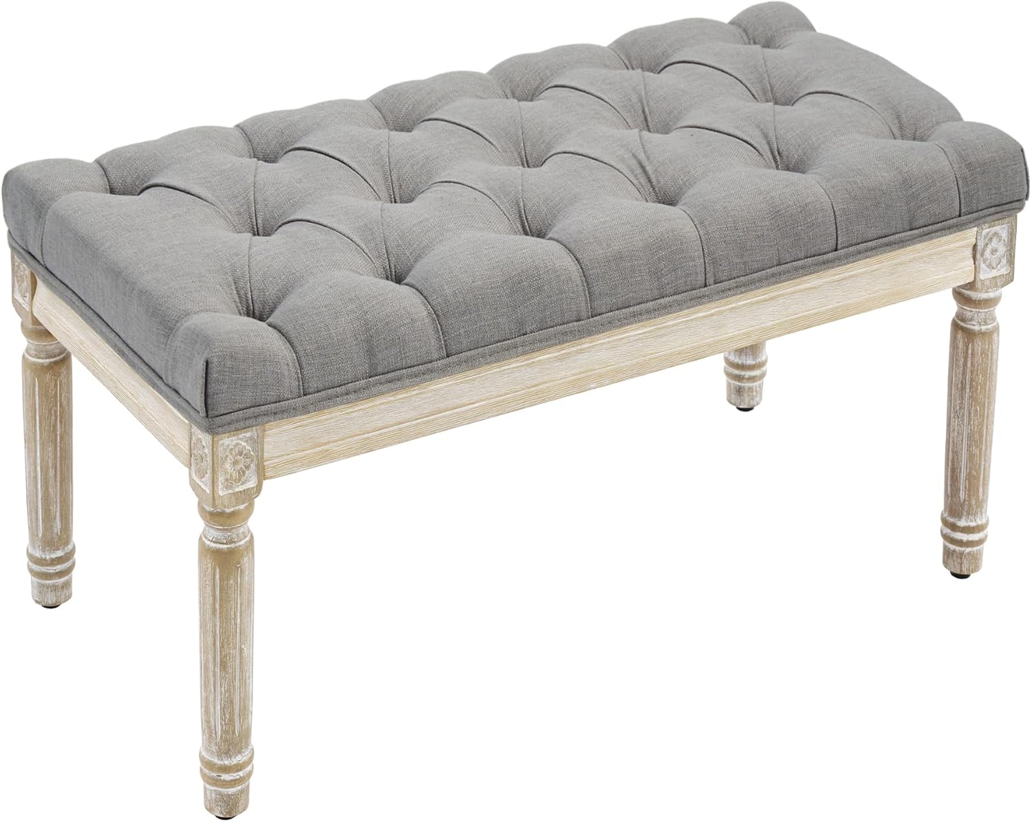 LOULENS French Vintage Bench, Linen Fabric Entryway Bench, Upholstered Tufted End of Bed Bench with Brushed Wood Legs, Grey