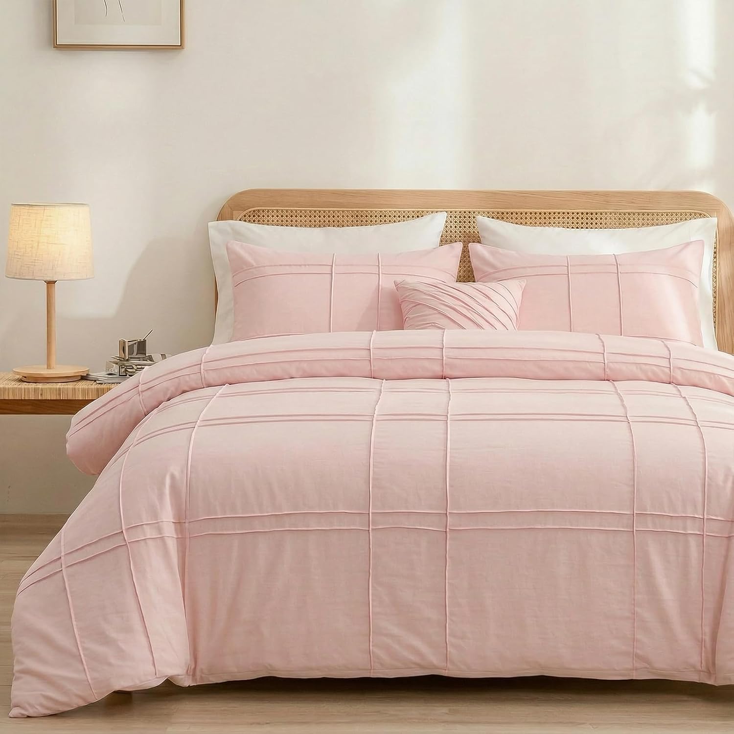 100% Cotton Pink Queen Size Duvet Cover Set - 3 Pieces Pintuck Pleated Duvet Cover, Soft Breathable Duvet Cover with Zipper Closure, Modern Minimalist Bedding Set