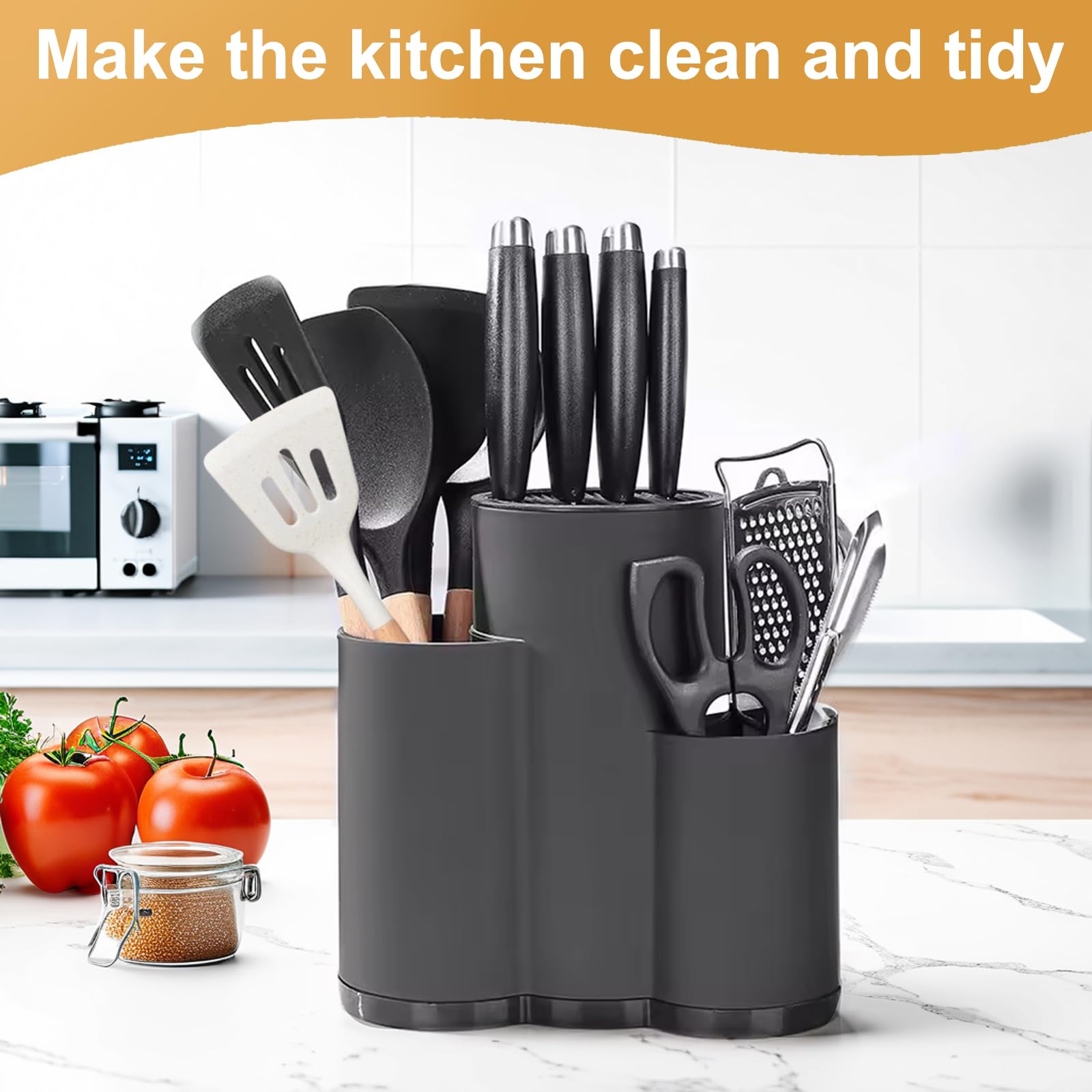 3 in 1 Ceppo Coltelli da Cucina, Nero Porta Coltelli Cucina con Foro Scarico e Slot Porta, Universal Portacoltelli da Cucina Vuoto, Rotondo Porta Utensili da Cucina, Mantiene Coltelli 8 Pollici