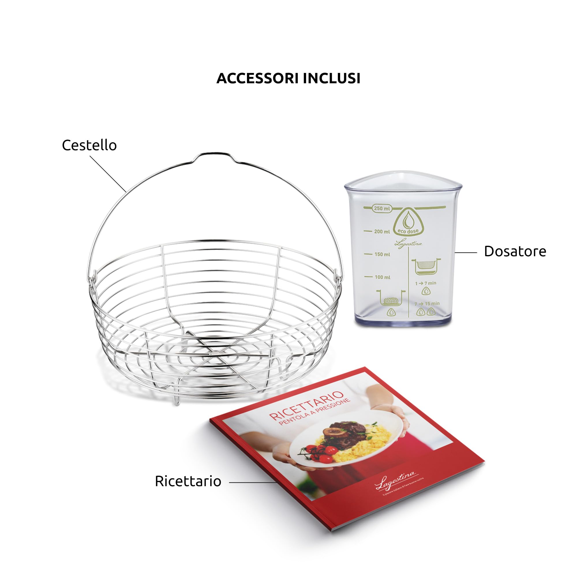 Lagostina Novia Vitamin Lagoeasy'UP Pentola a Pressione 9 L in Acciaio Inox 18/10 Ø 24 cm, Pentola Induzione e Gas, Coperchio con Apertura Facilitata, Inclusi Cestello, Ecodose e Ricettario