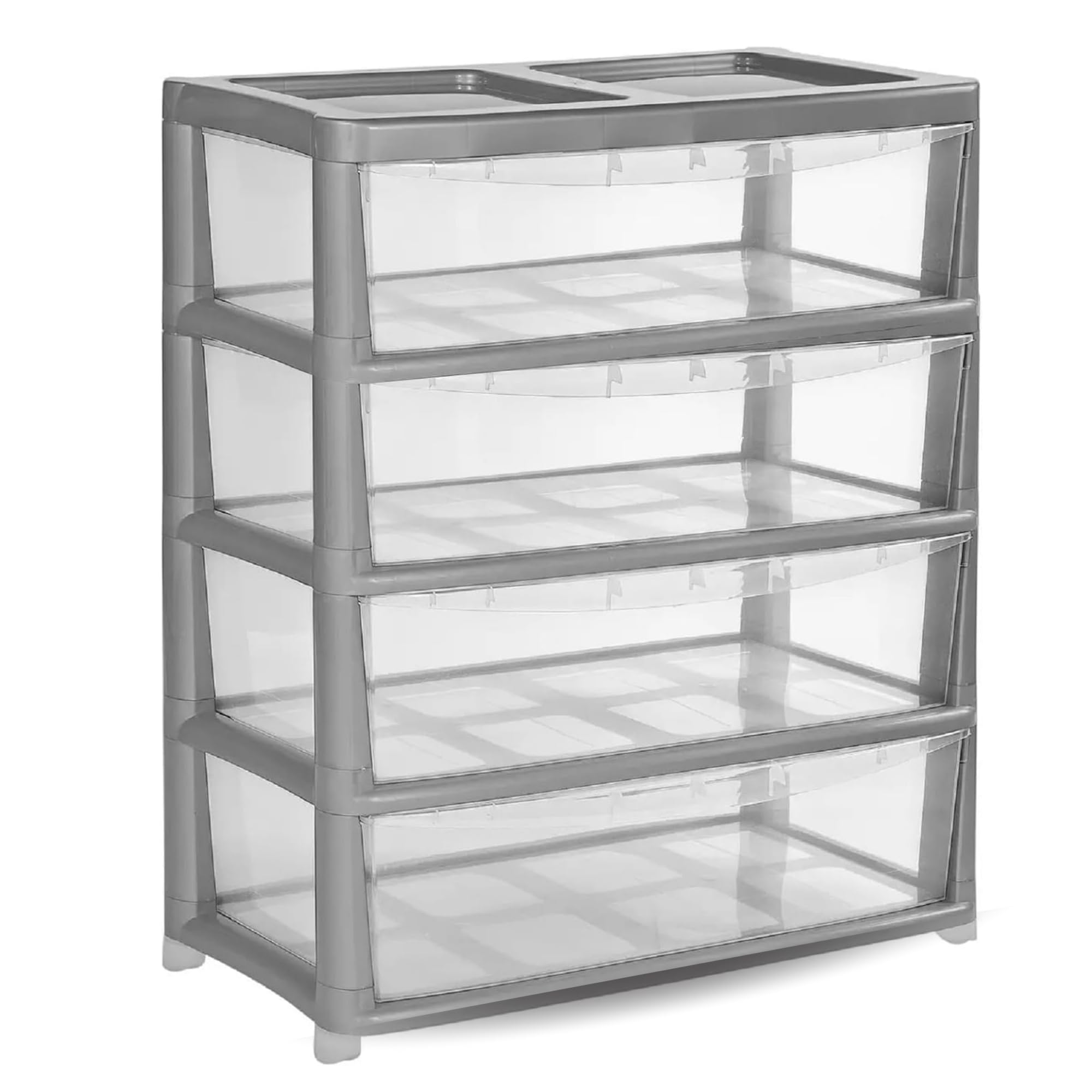 ALEEZ 4 Tier Jumbo Silver/Clear Storage Drawers - Plastic Storage Cabinet, Modular Drawer Organiser - Transparent Closet Storage Unit for Bedroom, Office, Nursery, Crafts, Clothes & Household Items