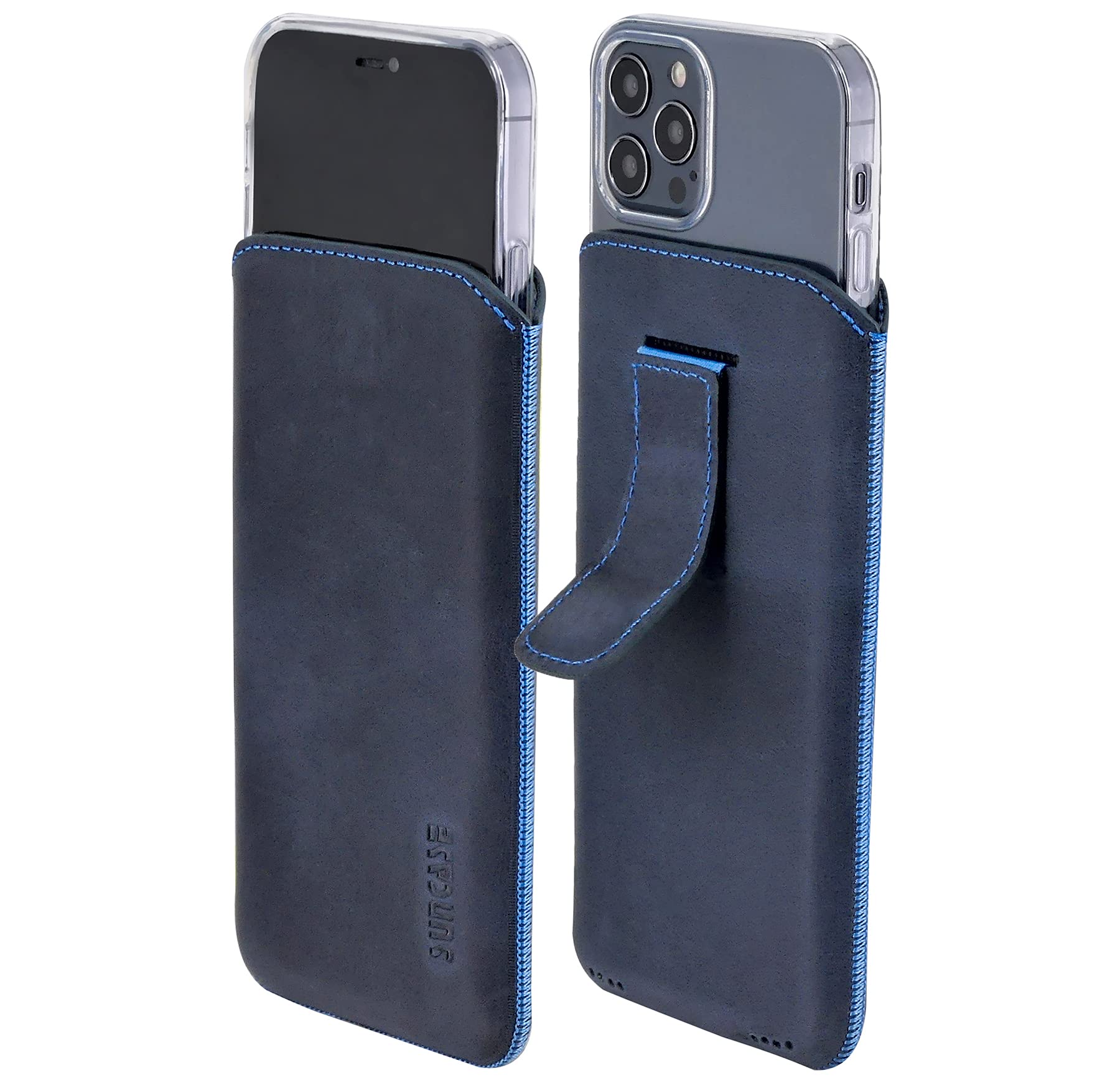 Suncase ECHT Leder Tasche kompatibel mit iPhone 14 Pro (6,1 Zoll) mit ZUSÄTZLICHER Transparent Hülle | Schale | Silikon Bumper Handytasche (mit Rückzugsfunktion und Magnetverschluss) in Pebble Blue