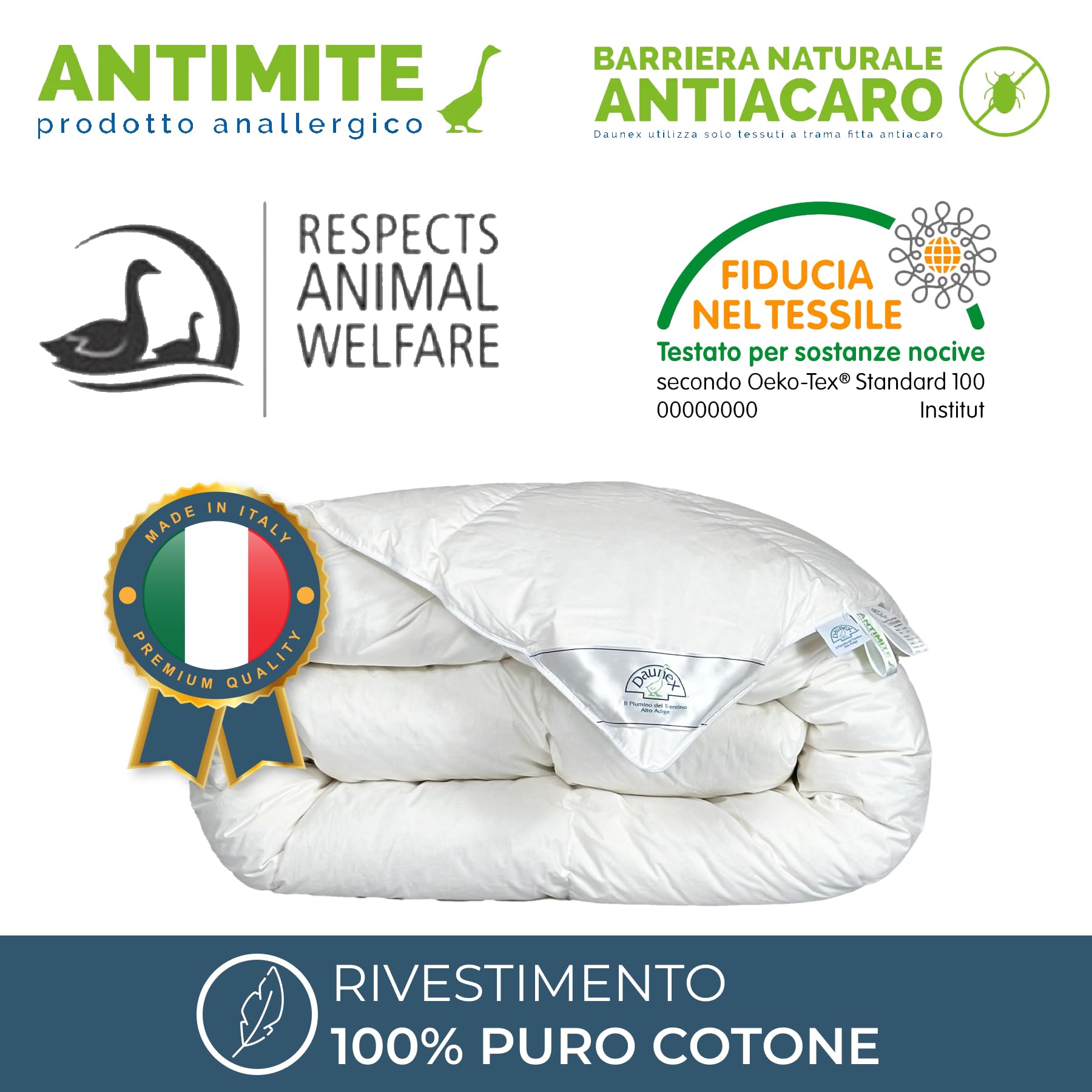 Daunex Piumone Matrimoniale, 250 x 220 cm, 100% Piumino D'Oca Siberiana, Invernale, Anallergico e Antiacaro, Lavabile in Lavatrice, Made in Italy. Modello: Courmayeur Extra Warm