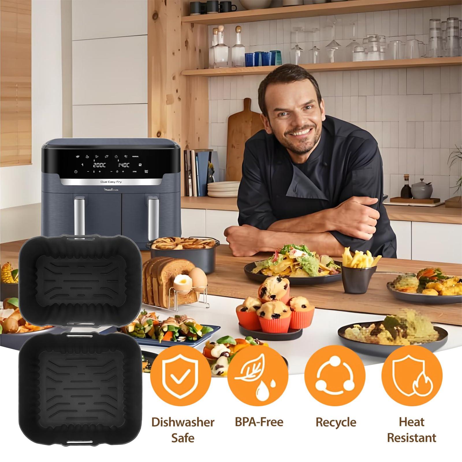 Moule Silicone Air Fryer Friteuse pour Moulinex air fryer deux compartiments, très grande capacité 11L EZ942BF0, Réutilisable Accessoires Plat Panier Silicone pour Tefal Dual Easy Fry XXL EY942BE0