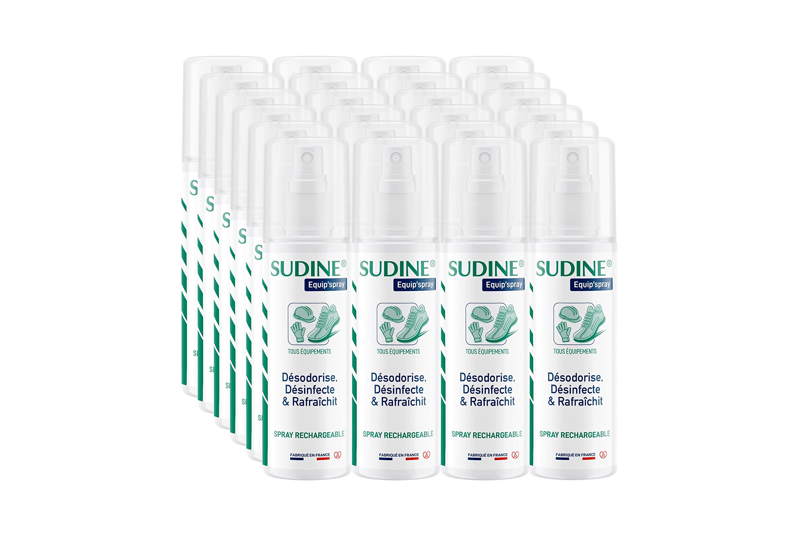 Lot de 24 - Sudine Equip’spray - Désodorise, désinfecte, rafraichit - Chaussures, casques, gants, équipements - Spray rechargeable – Sans gaz - Fabriqué en France - Spray 125 ml
