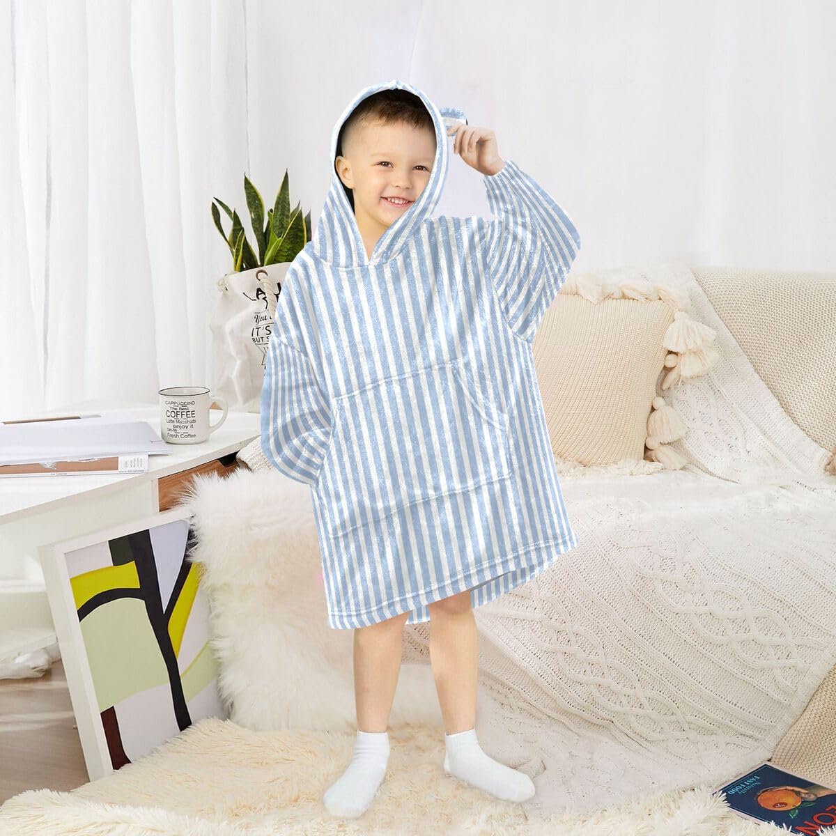 Niebieski lniany koc w paski dla dzieci do noszenia bluza z kapturem oversize bluza koc sweter geometryczny dla chłopców i dziewcząt w wieku 3-14 lat