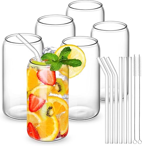 Juego de 6 vasos con pajita de vidrio vasos de cerveza de 16 onzas vasos de vidrio en forma de lata taza de vaso vasos de café helado ideales para