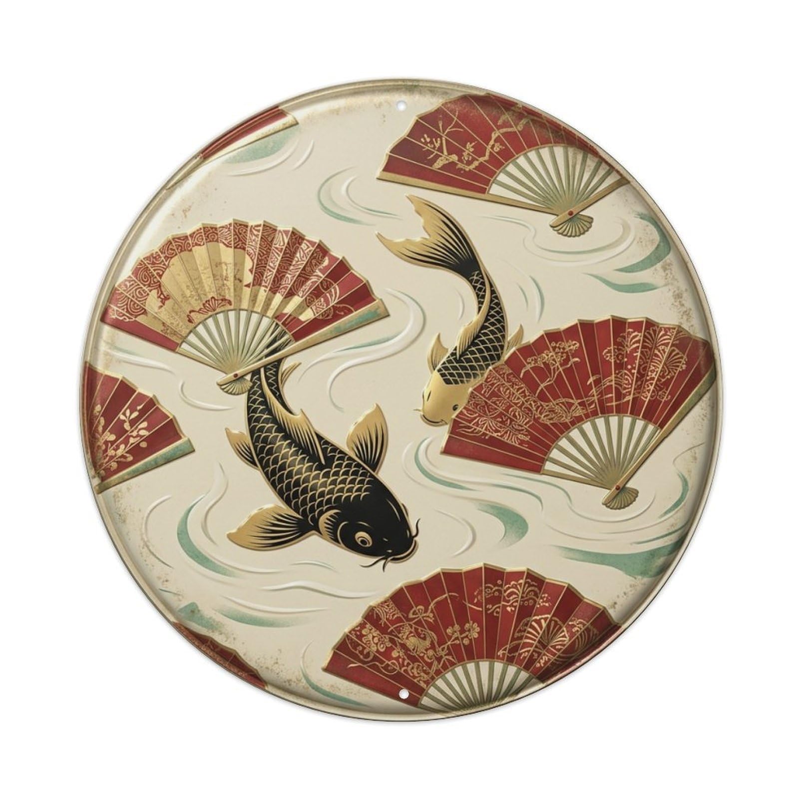 Fan Pattern Elegant Koi Fish 1 Vintage Metal Tin Sign Plaque Wall Decor for Cafe, Club Bar, Office, Garden Metal Poster 8x8Inch
