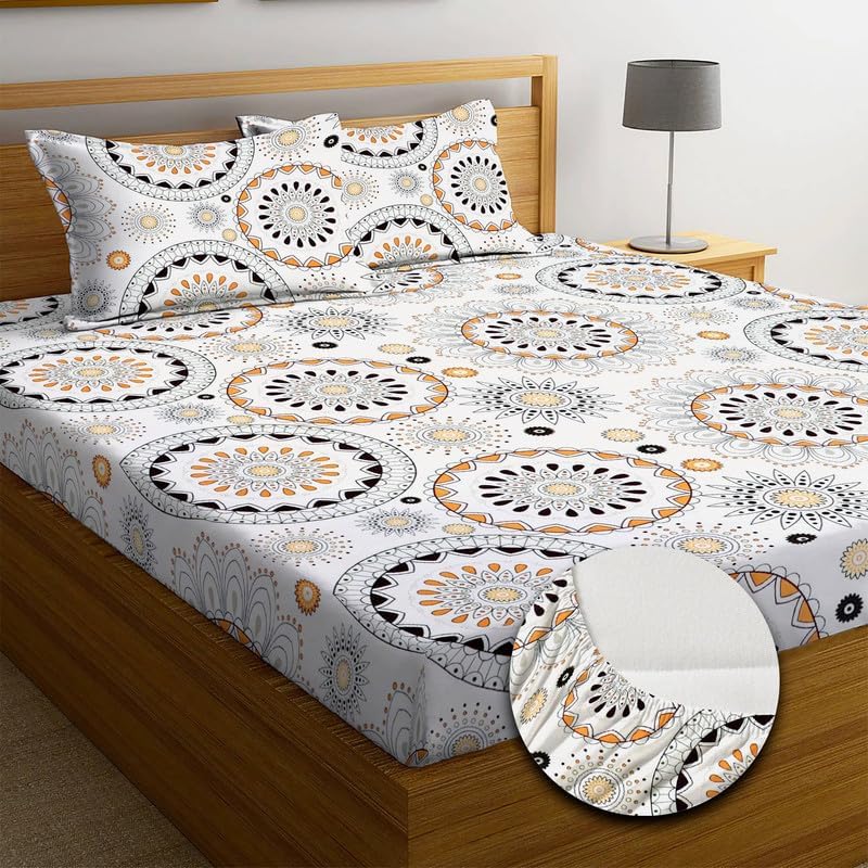 Image of Premium Cotton Fitted Bedsheet King Size 78 x 72 x 8 Inches with 2 Pillow Covers | 220 TC | All-Around Elastic Deep Pocket Bed Cover | White Mustard Black Mandala