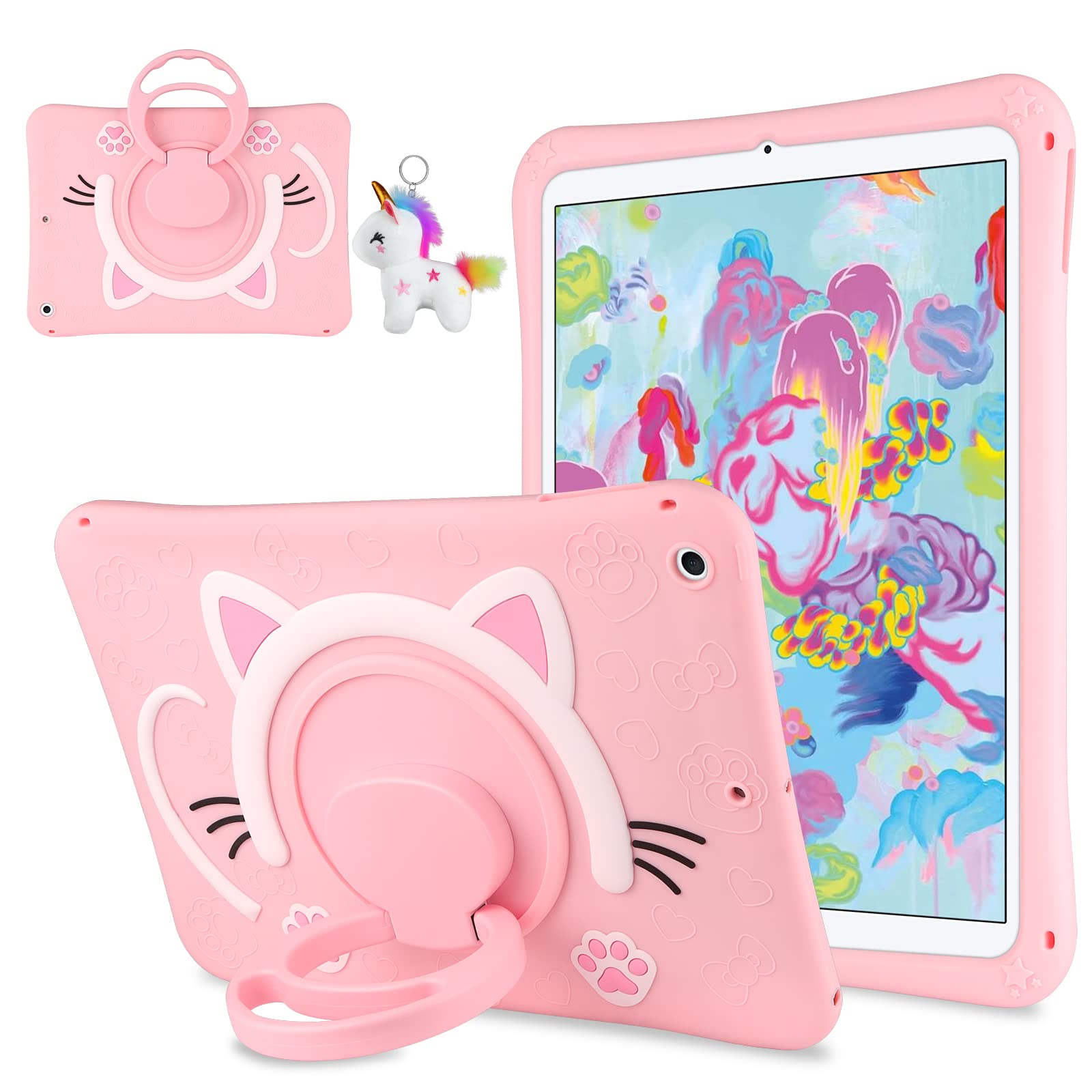 WESADN for iPad 6th 5th Generation Case iPad 2018/2017 9.7 inch with Rotating Kickstand Keychain Silicone Case for Girls Women Cute Cat Protective Tablet Cover for iPad 9.7 Case Pink