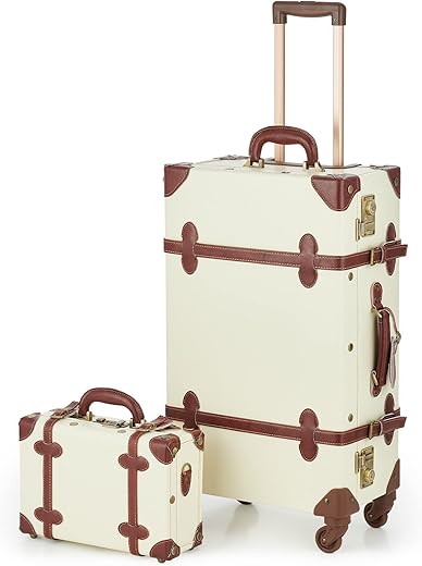 CO-Z Vintage Luggage Sets, 2 Piece Retro Suitcase with Spinner Wheels TSA Lock and Carry On Briefcase, Large 24" Trunk Small 12" Train Case Leather Travel Luggage Set for Women Men, Beige