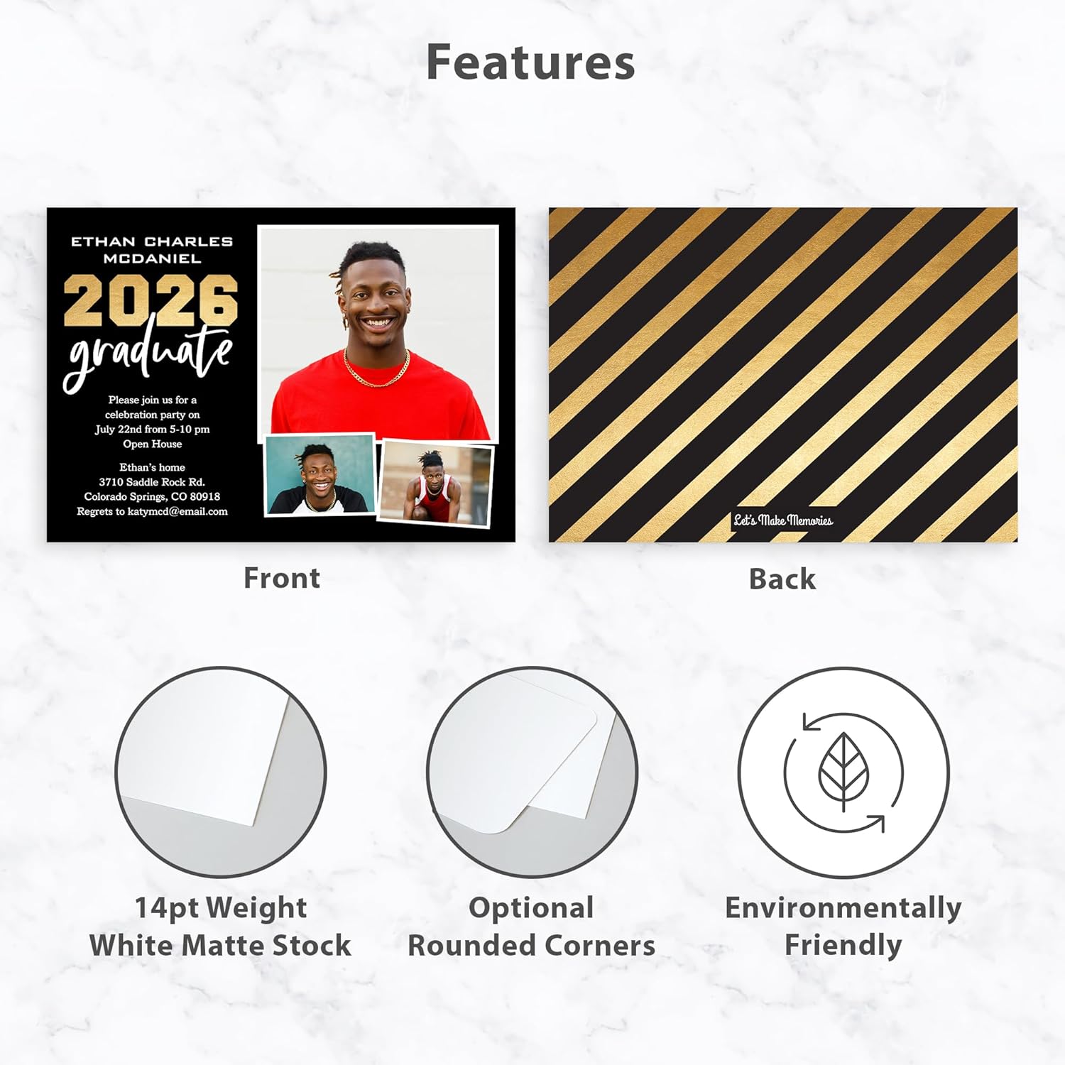 Let's Make Memories Personalized Graduation Announcements Class of 2026 or Any Year - Premium Quality Invitations - 5x7 - Custom Photo Cards & White Envelopes - Graduate Trio - 25 Cards
