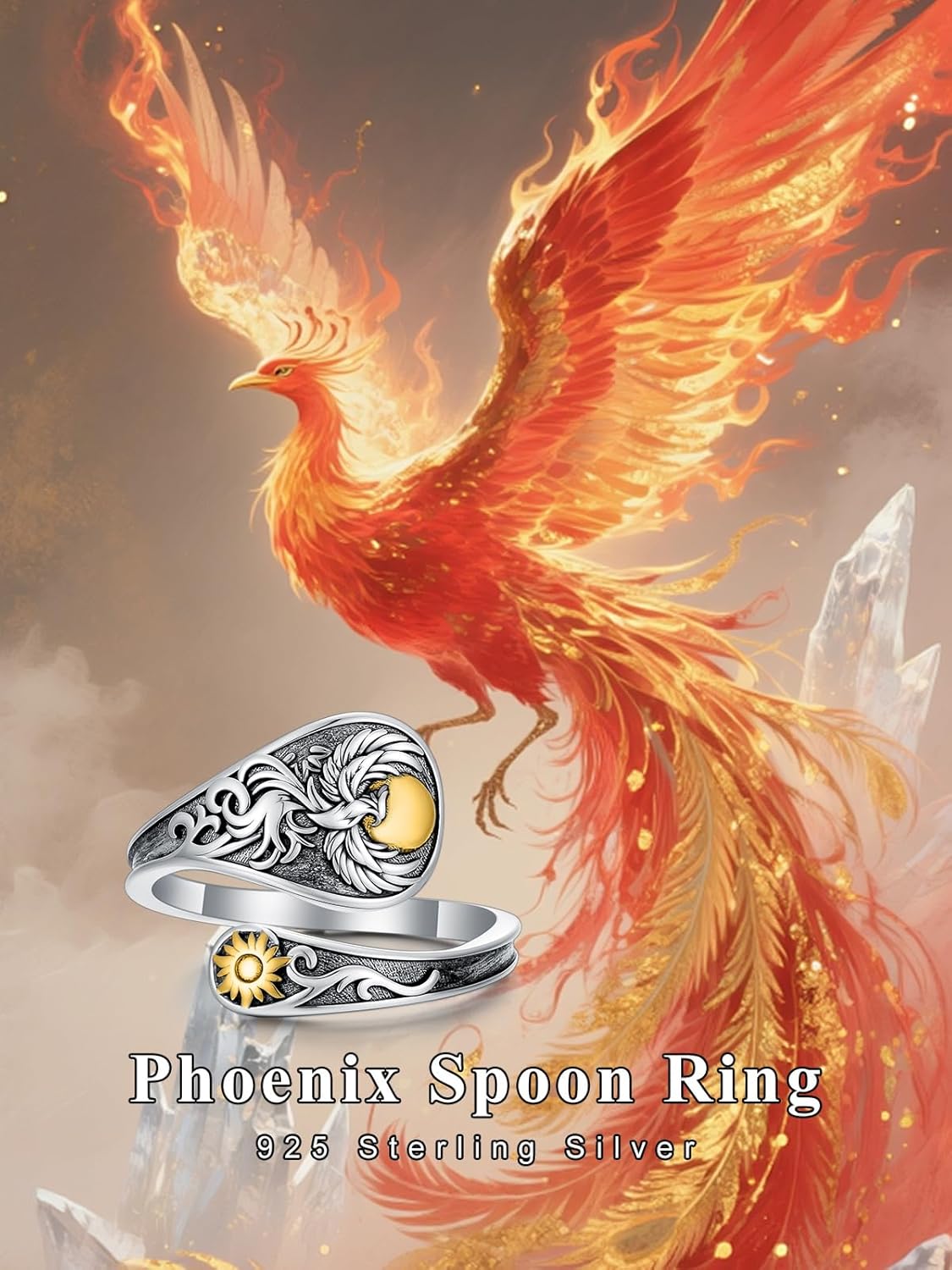 Midari Sun and Moon/Bee/Celtic/Life of Tree/Lotus Spoon Ring for Women 925 Sterling Silver Adjustable Ring Open Ring for Women Men Halloween Birthday Gift - Image 2