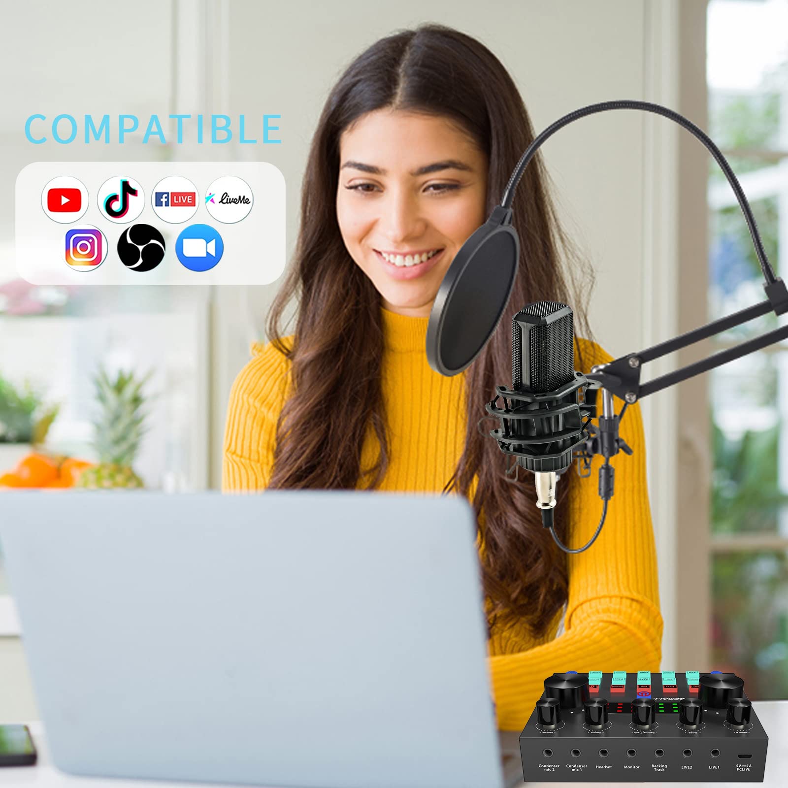 Ensemble d'équipement de podcast Microphone de jeu pour Streaming Dj Sets, Interface audio avec All in One Live Streaming Mixer Audio USB Carte son Karaoké Changement de voix Microphone à