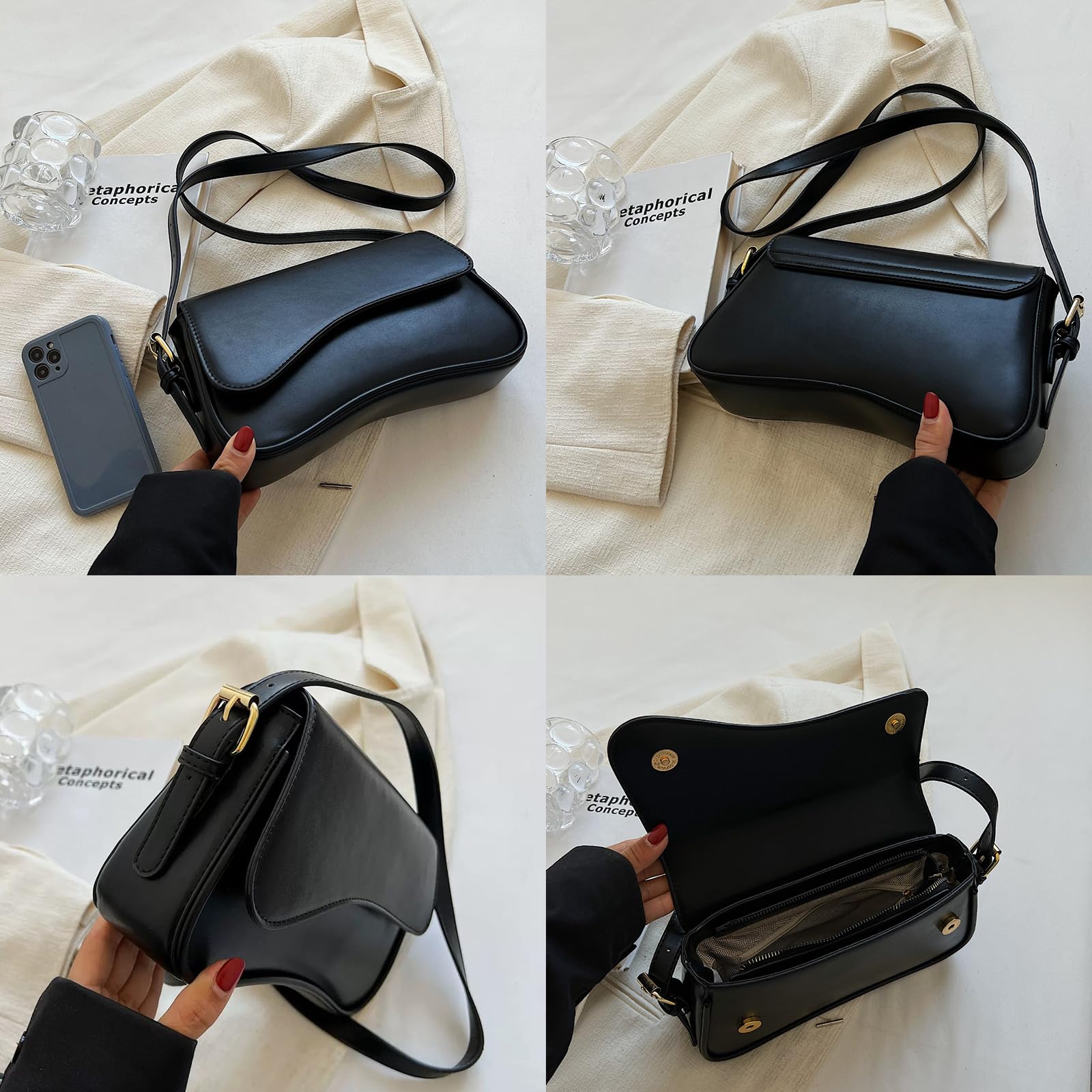 Shoulder Bag for Women PU Leather Shoulder Purse Tote Bag Black Purses for Women Trendy with 2 Removable Straps 2025