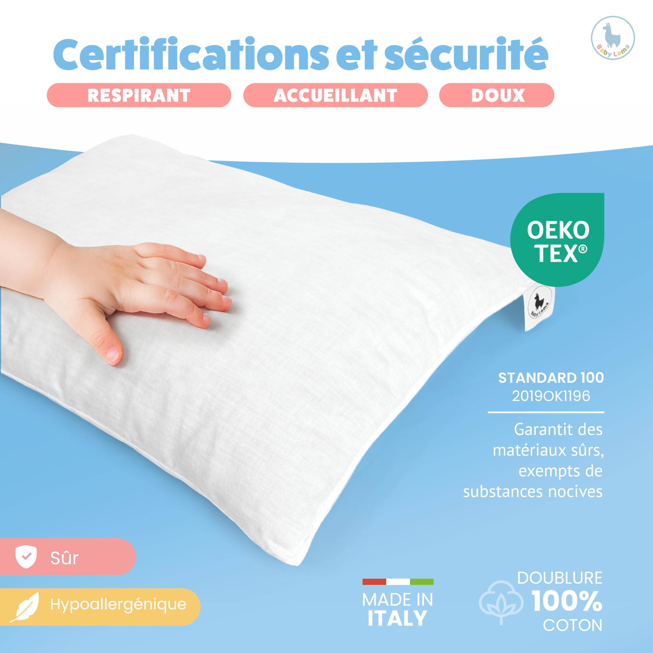 Oreiller Enfant 2 à 6 Ans – Oreiller 40x60 cm Bas et Confortable – Coussin Bébé et Enfant 100% Coton Oeko-Tex – Hypoallergénique, Anti-Étouffement, Lavable – Fabriqué en Italie (1)