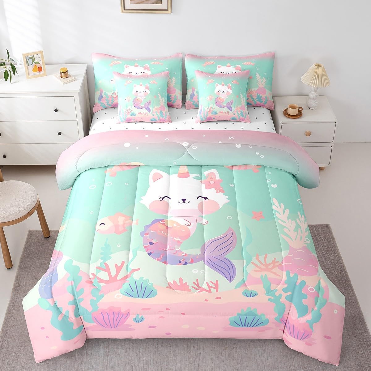 Manfei 7 Pieces Mermaid Kids Comforter Set Queen Size, Cute Cat Mermaid Unicorn Bedding Set for Boys Girls Room Decor, Marine Life Bed in a Bag with Comforter, Fitted Sheet, Top Sheet and Pillowcases