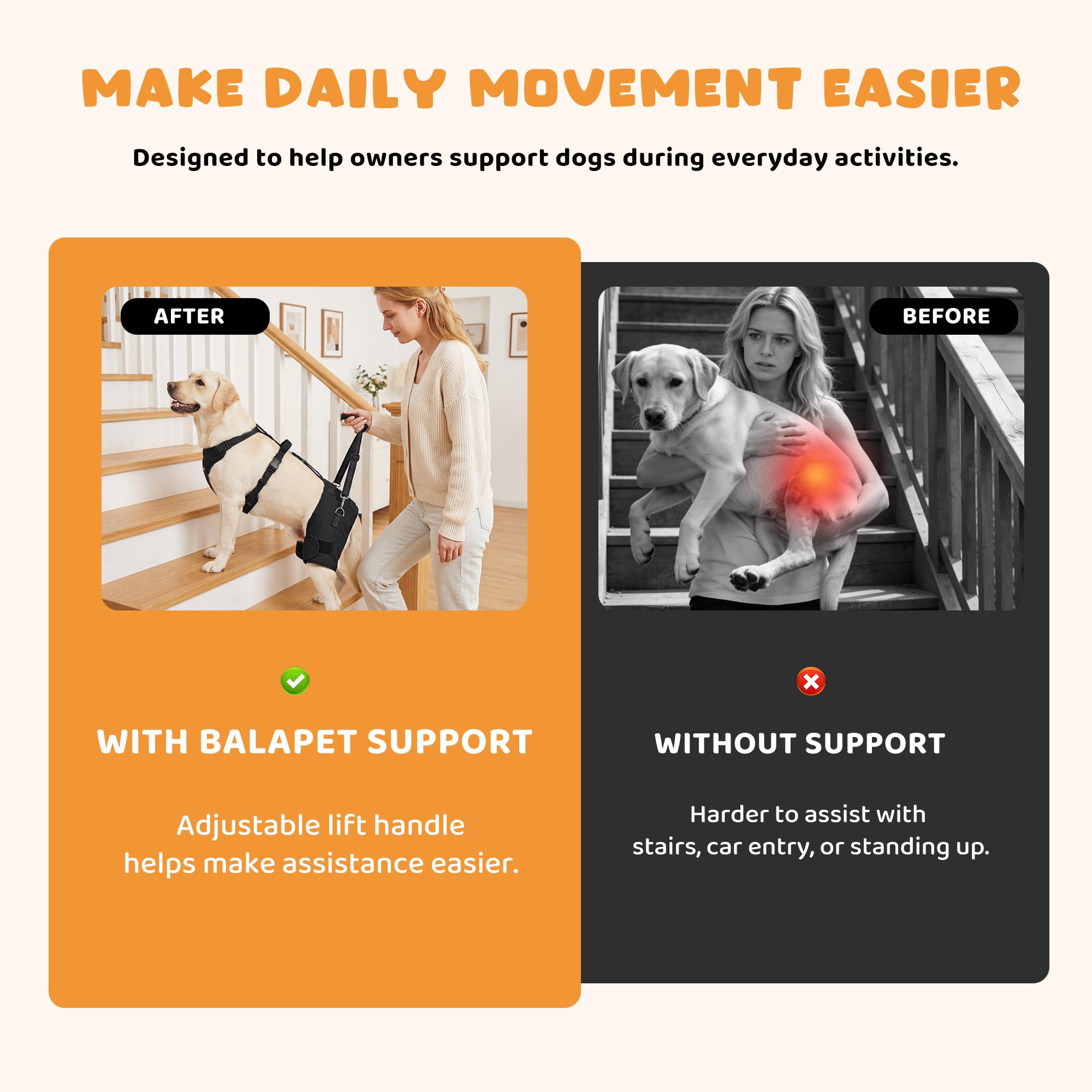 BALAPET BALAPET - Arnés de soporte de cadera para perro con mango de elevación, soporte de cadera ajustable para perros grandes, almohadillas suaves extraíbles para la cadera, arnés de asistencia de