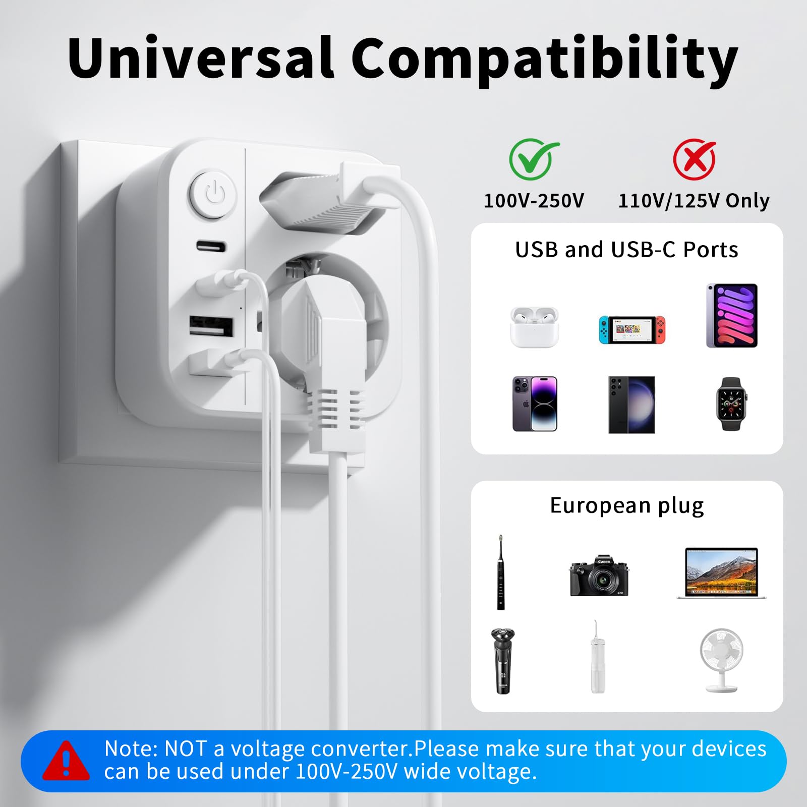 Adaptateur Prise Japon 6 en 1, 2500W Voyage avec 2 USB C et 2 USB A, Schuko vers Type A USA Chine Canada Thaïlande