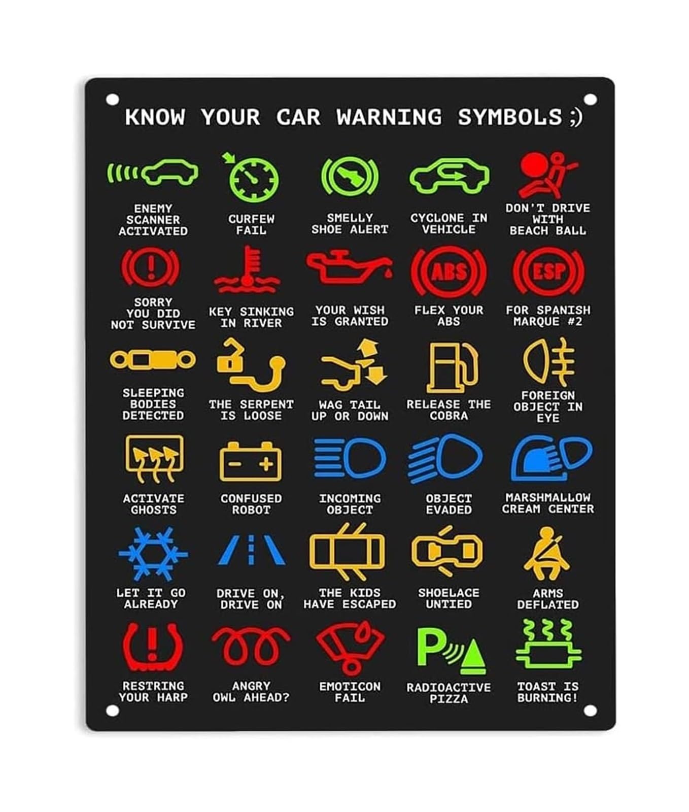 NWPNLXEA Garage Humor Metal Sign Know Your Car Warning Lights Funny Sarcastic Sign for Man Cave Workshop (8 X 12 in)