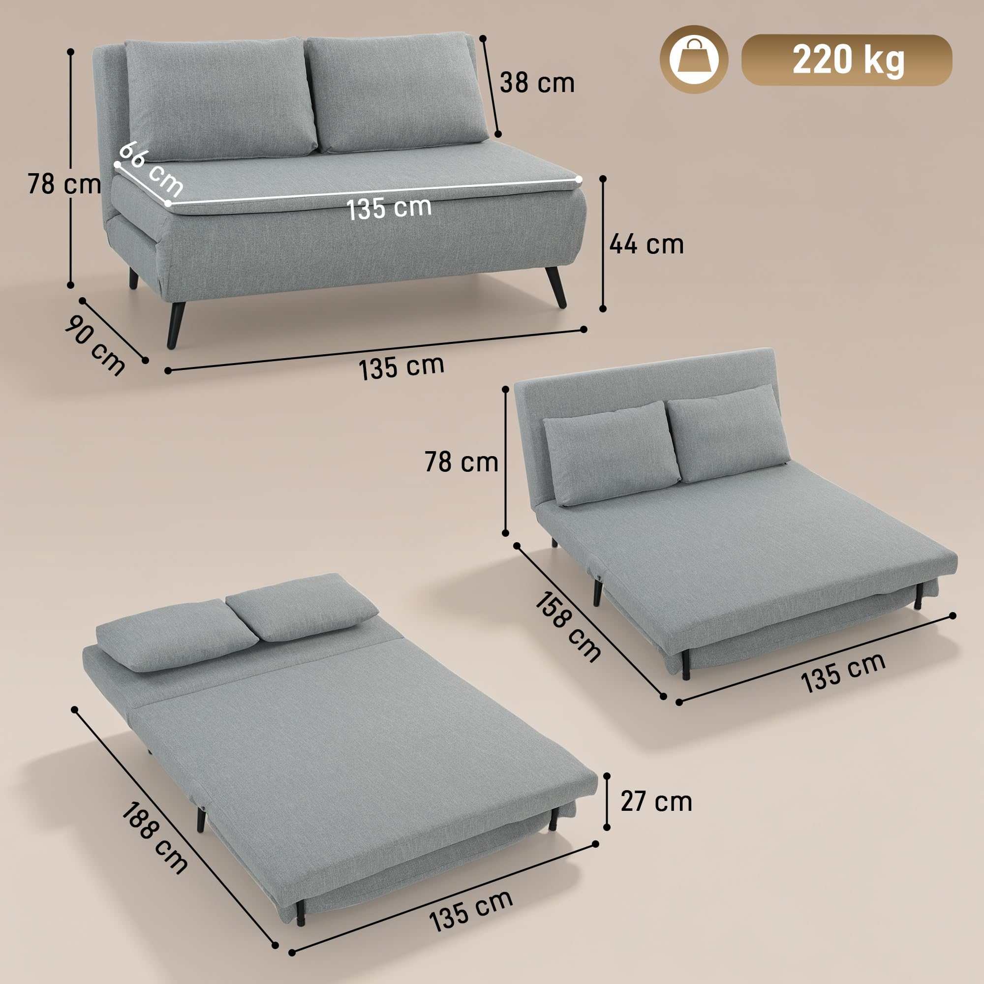 HOMCOM Divano Letto 2 Posti 3 in 1 in Tessuto Effetto Lino con 2 Cuscini, Divano Letto Matrimoniale Salvaspazio Reclinabile 3 Livelli, Seduta Imbottita, Struttura Eucalipto, Soggiorno, Grigio Chiaro