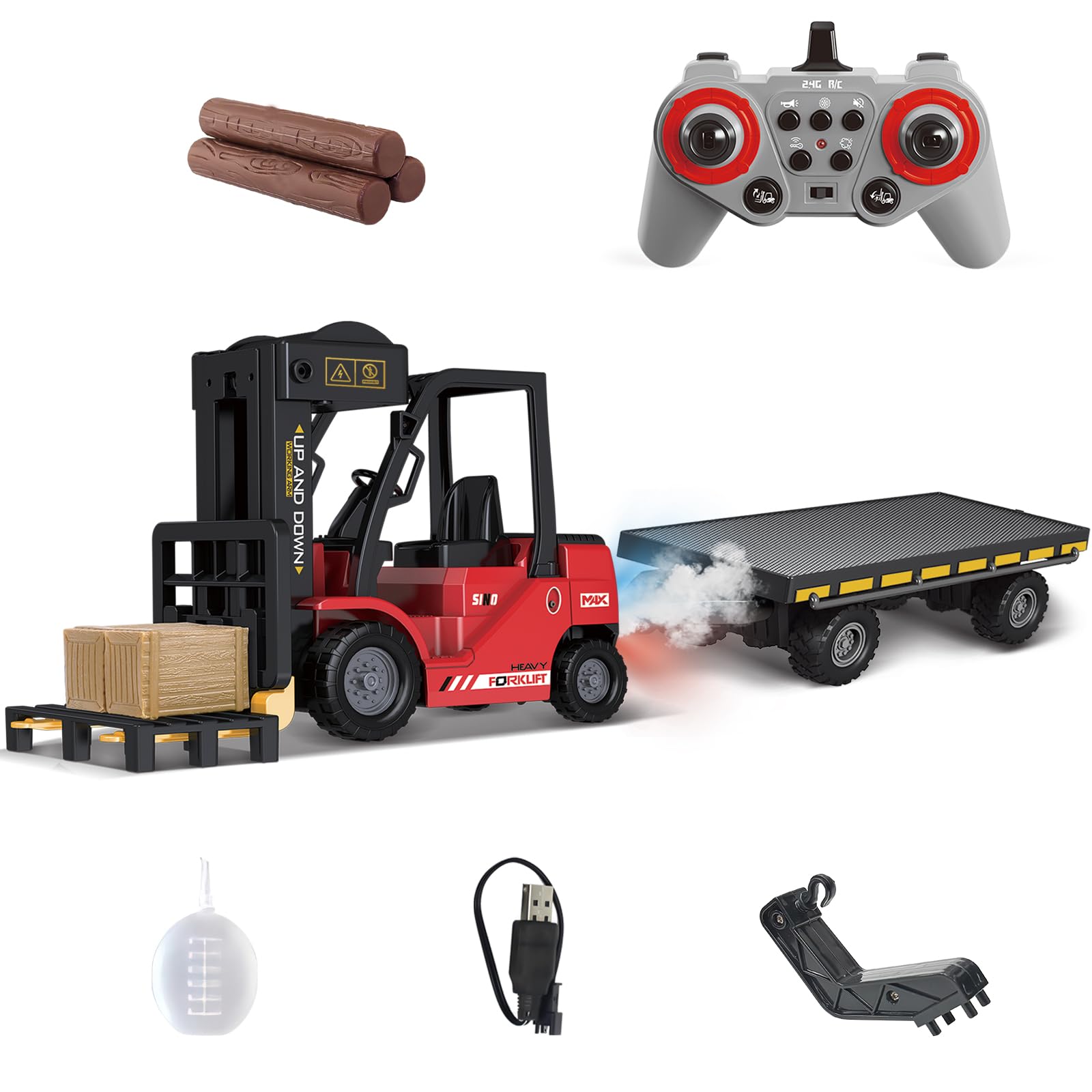 Mostop Carretilla elevadora RC con placa de soporte de construcción,Carretilla elevadora teledirigida 1/24 con cajas/sonido y spray de luz,Dos baterías recargables y cargador,Regalos para niños y