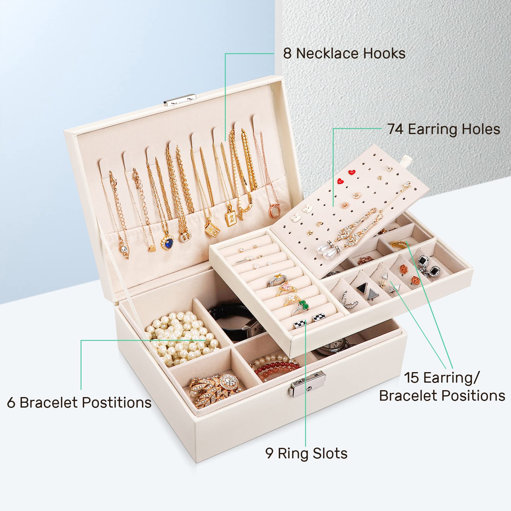LUZOON Schmuckschatulle Schmuckkästchen für Damen, 2 Schich Schmuckaufbewahrung Mädchen Schmuckkasten Schmuckbox PU Leder Schmuck Groß für Ringe, Ohrringe, Halskette (Weiß)