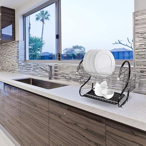 Miniatura 6 de Escurridor de platos, 2 niveles que ahorra espacio, escurridor de platos para encimera de cocina, escurridor de platos con tabla de secar y soporte