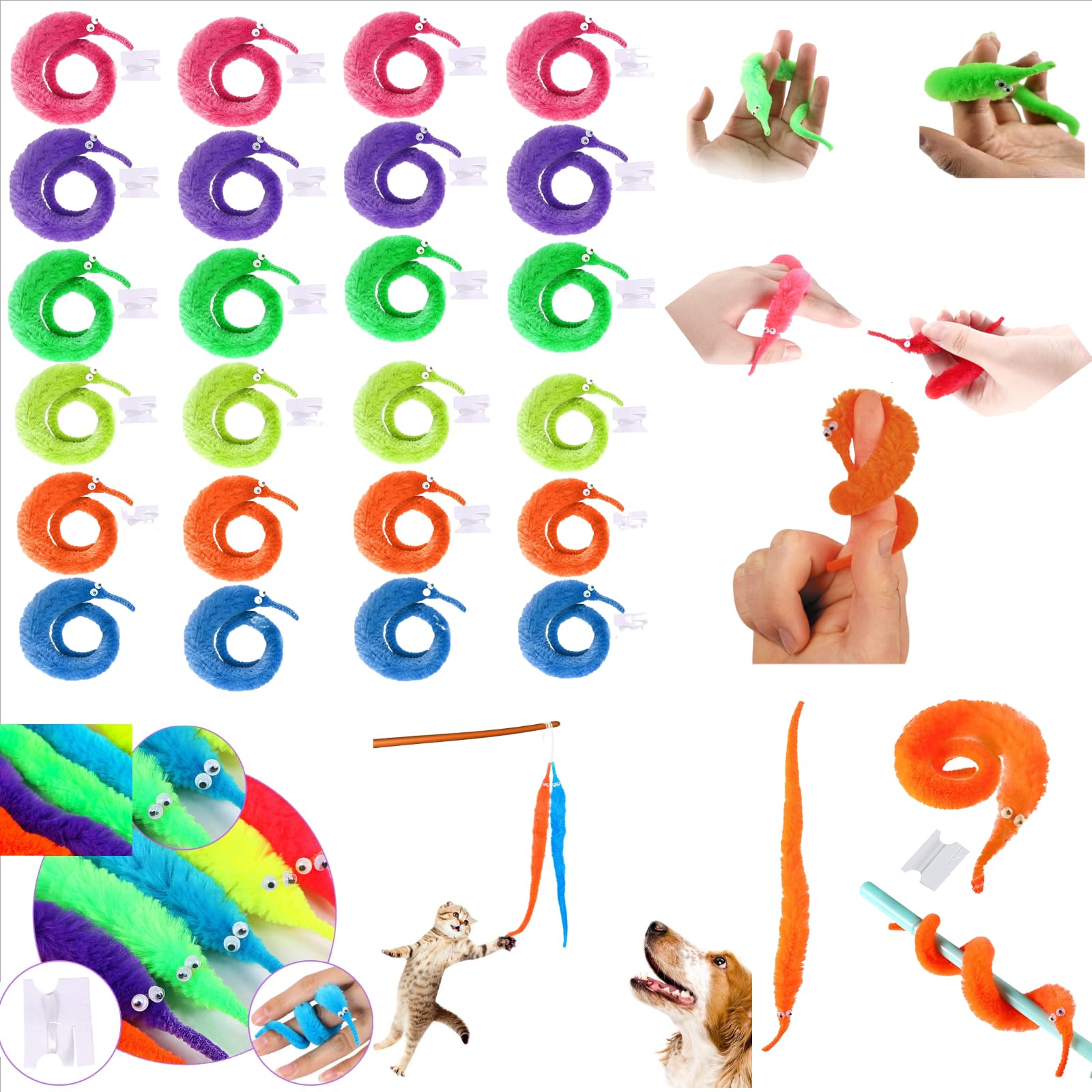 Magic 24 piezas de juguetes de gusano peludo, gusano de cuerda para mascotas, gusanos peludos en cuerda, juguete de truco, regalos de fiesta para niños y gatos (4 colores) 7