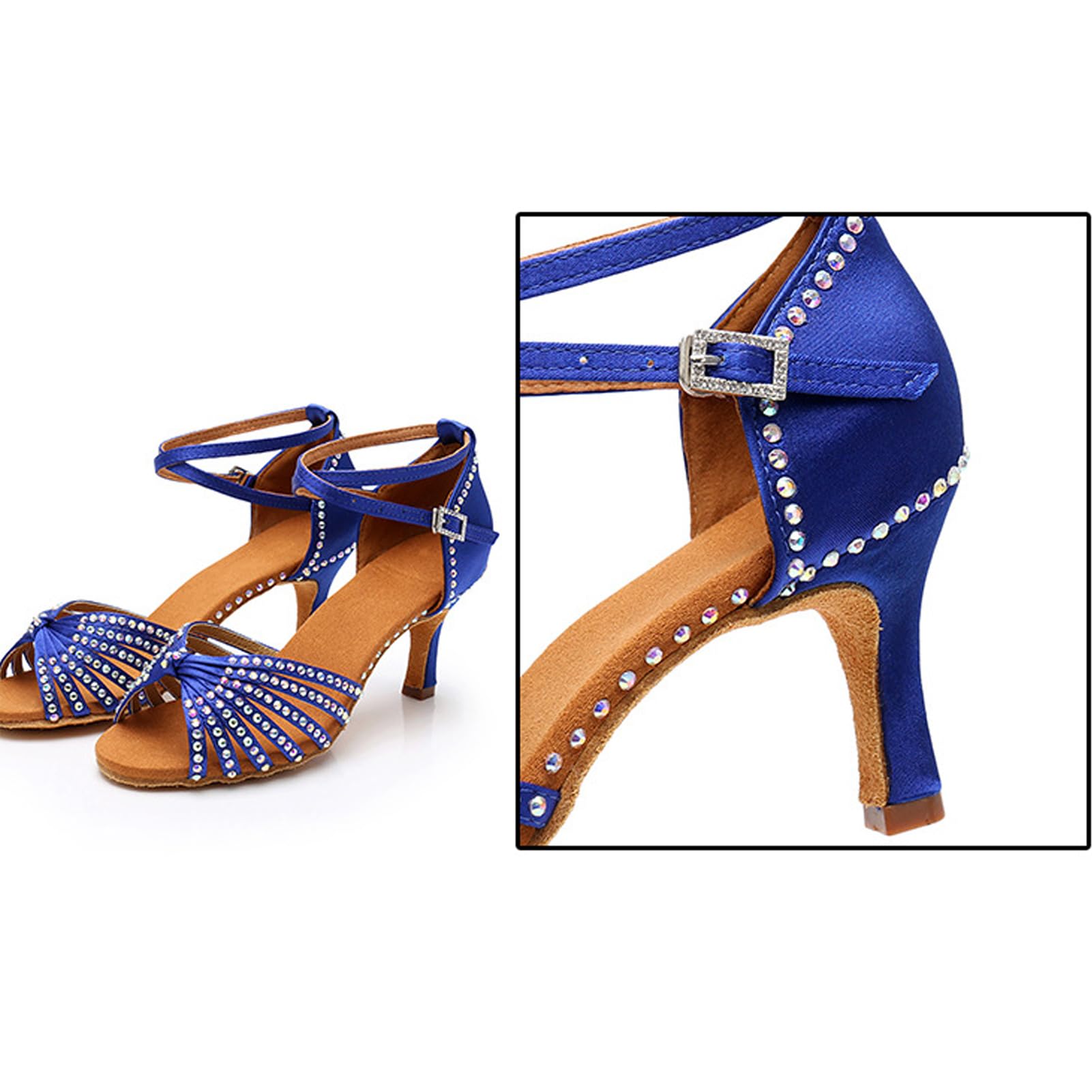 Nowe buty do tańca latynoskiego z diamentową wkładką dla kobiet dorosłych na środkowym obcasie miękka podeszwa buty do tańca wysokie obcasy z diamentowymi butami do tańca Cha-cha, A436 niebieski obcas