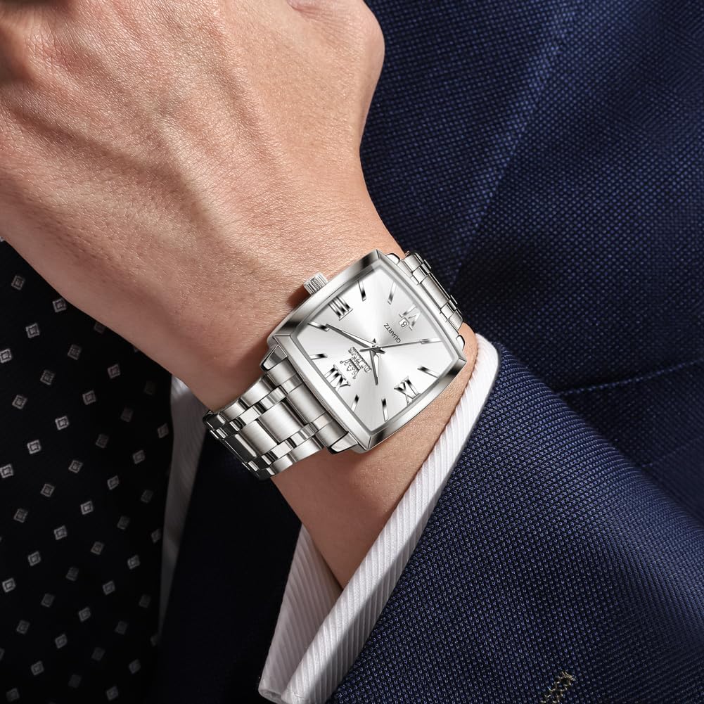 OLEVS Mens Tank Watch Minimalist Diamond Watch Fashion Dress Analog Quartz Mens Watches Rectangular Waterproof Stainless Steel Luminous with Date Watches for Men(Silver/Rose Gold) - Image 2