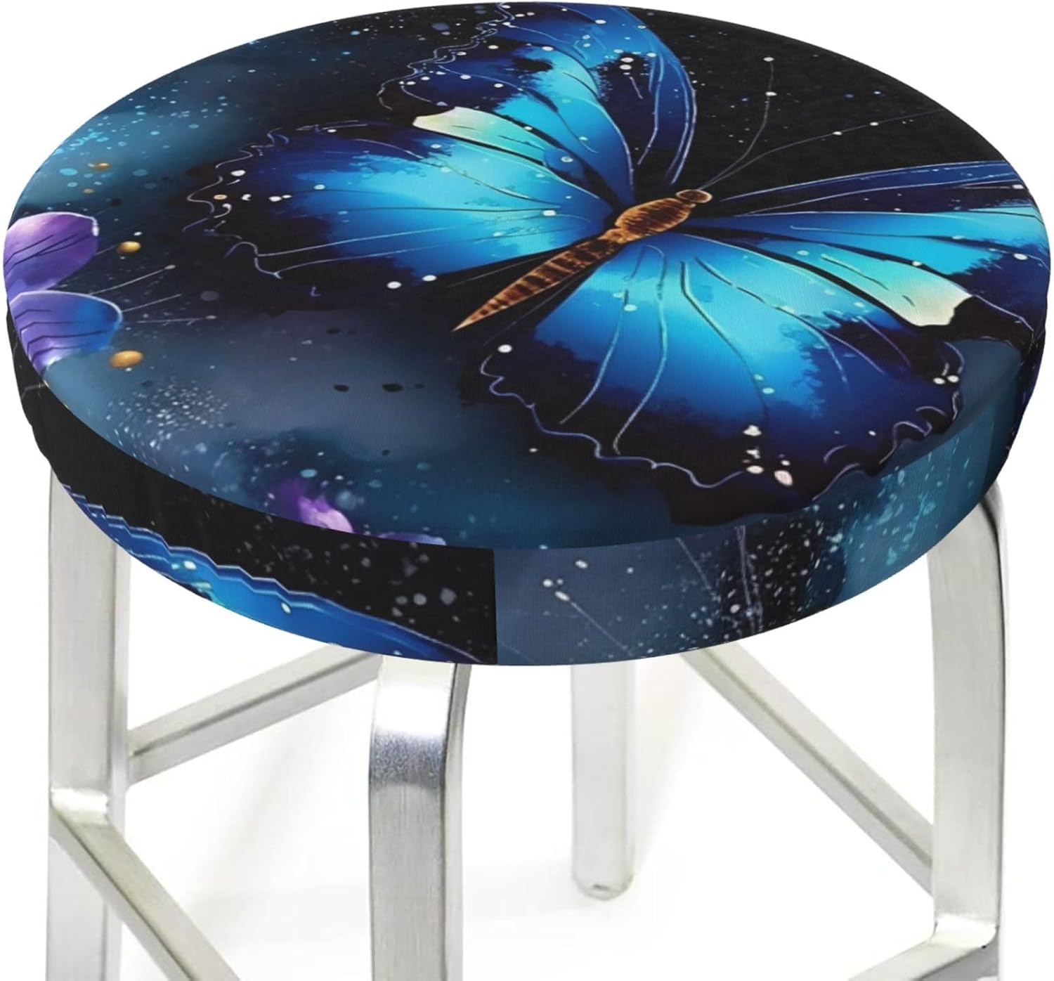 Bar Stool Cover Round Elastic Stool Cushion Covers Galaxy Blue Butterfly Bar Chair Cover Washable Stool Cushion Slipcover Stretch Stool Seat Covers for 12-14 Inch Chair